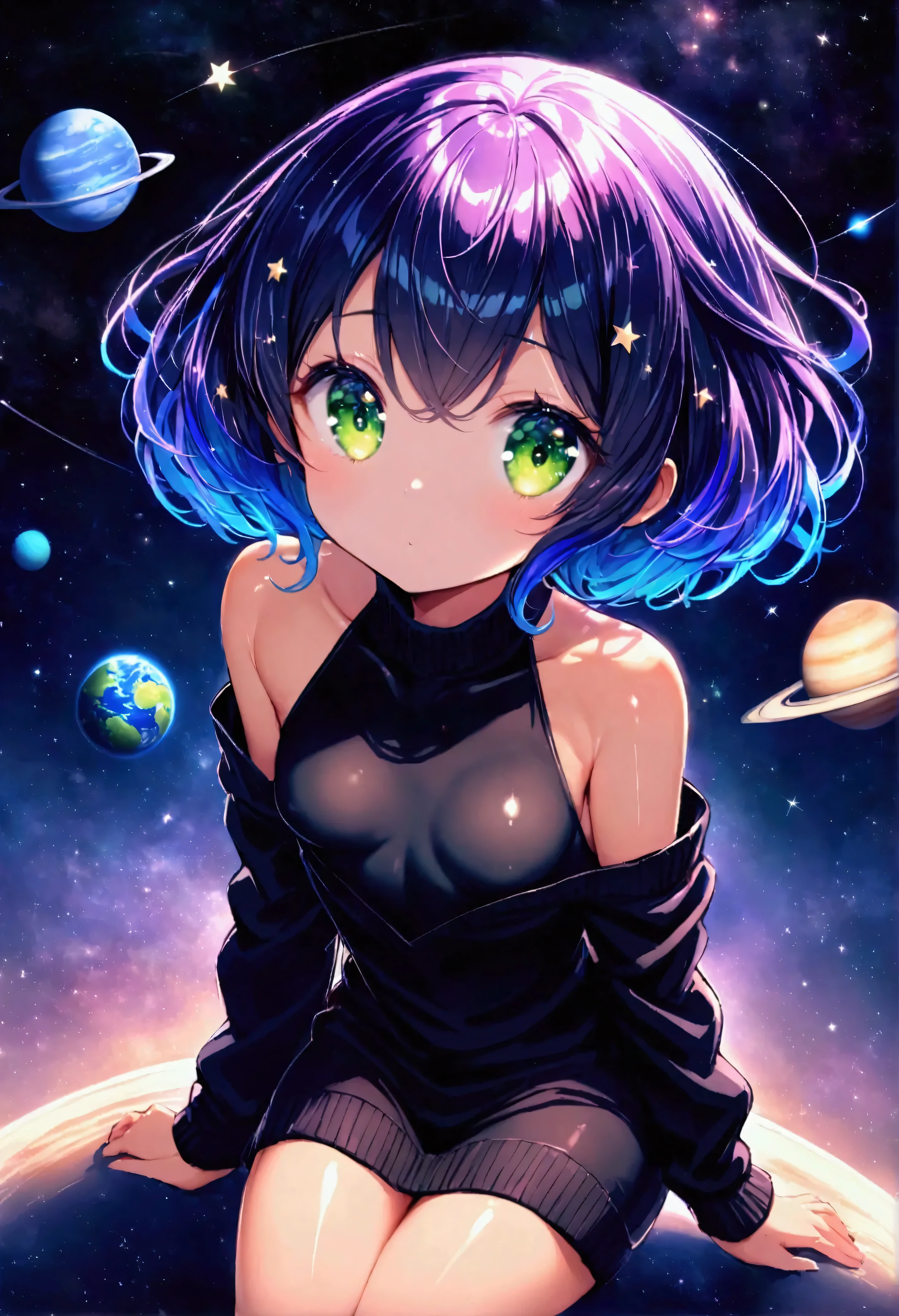 Sky, it's night, the night is full of stars, there are planets in the sky, bright colors, Incredible details, Shiny hair, spectacular hair, Cute, small, small breasts, Bare shoulders, nipples,  hair, galaxy hair, green eyes, silhouette, tanned, black sweater,