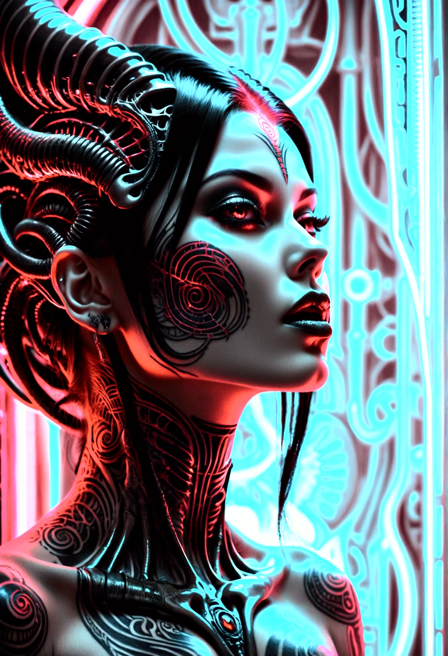 Hr giger tattooed sexy seductive dead girl,perfect face, hyper realistic detailed neon omni, full body view,