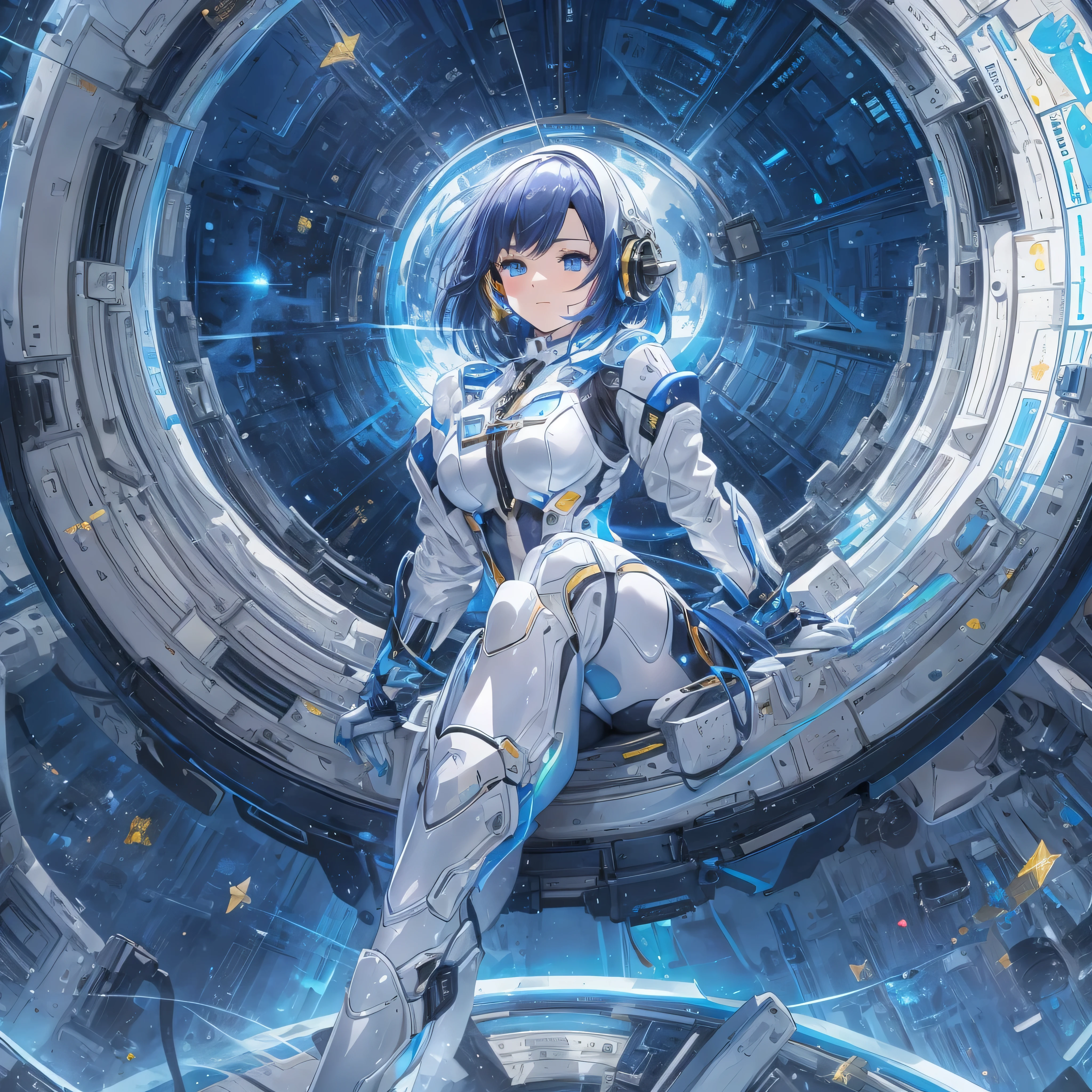 ((Holographic glow effect)),(masterpiece、Best Quality、Highest Resolution、Clear_image、Detailed details): (Whole body、A 20 year old girl、Japanese Faces、Small Face、Slender、Navy blue super short bob cut hair、(Hidden small breasts:1.3)、Sparkling blue eyes、Shiny pilot suit in white, blue and black colors、Chest protection armor、Tight fitting clothes、Clothing that covers the whole body、Glamorous clothes、Tight Fit Pants、Hide your skin、 very delicate and beautiful、Detailed Skin、Hide your thighs、Hide your ass、Cute、A gentle smile、Soft expression、heroine、Headset、Long boots、Elbow-length gloves、 eye level shot 、Peace talks between warring factions,attention arousal, Clever Blue Eyes,Face directly、Woman on a spaceship),White simple background