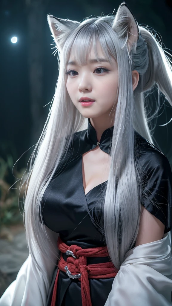 Masterpiece, Best, Night, full moon, 1 female, Mature woman, Chinese style, Modern China, sister, Royal Sister, Cold face, Expressionless, Silver white long haired woman, Light pink lips, calm, Three bangs, With gray eyes, Fighting, Street view, Facial details,