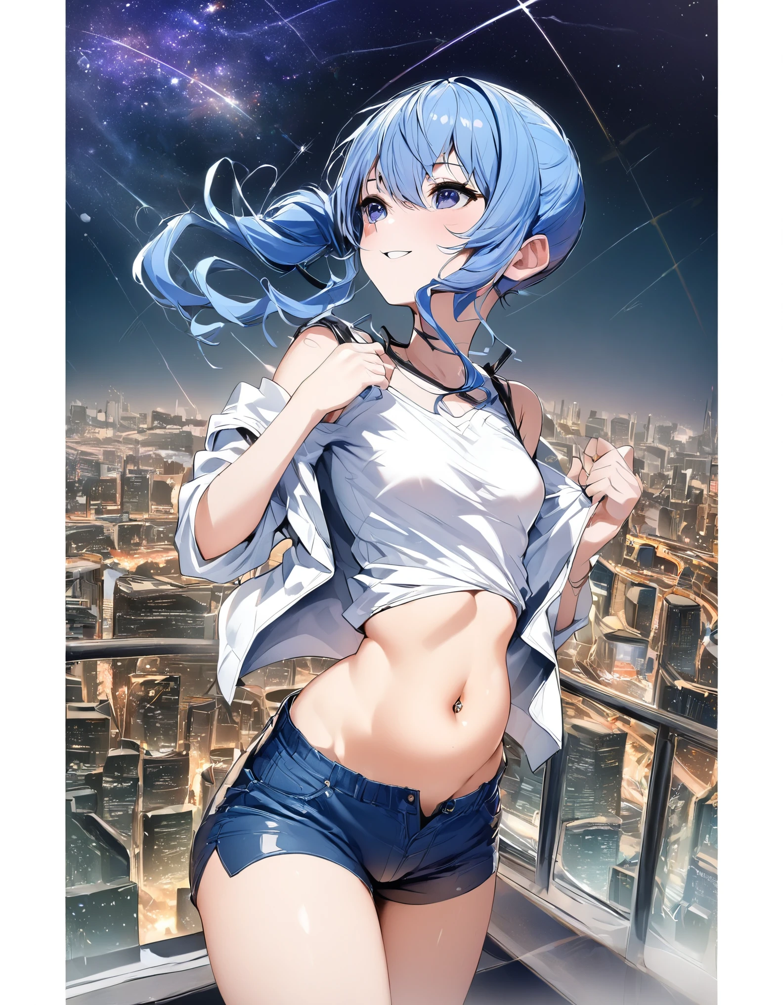 (8k、Best image quality、highest quality、masterpiece)、Detailed face、 1teen_girl、Blue Hair、Long Hair、sideponytail、dark_blue_eyes、smile,(navel_peek)、(small_breasts:0.8),(White_short_T-shirt:1.3)、Off the shoulder、Black shoulder straps、(open_front_shorts,denim_short_shorts:1.2)、City Background, starry_sky_landscape ,hoshimachi suisei,(covered_nipples:0.3), (belly_button:1.2),nihil,solo,stargaze,girl_looking_up_sky,slender,solo,boots,abs, tight_waist, point_to_sky