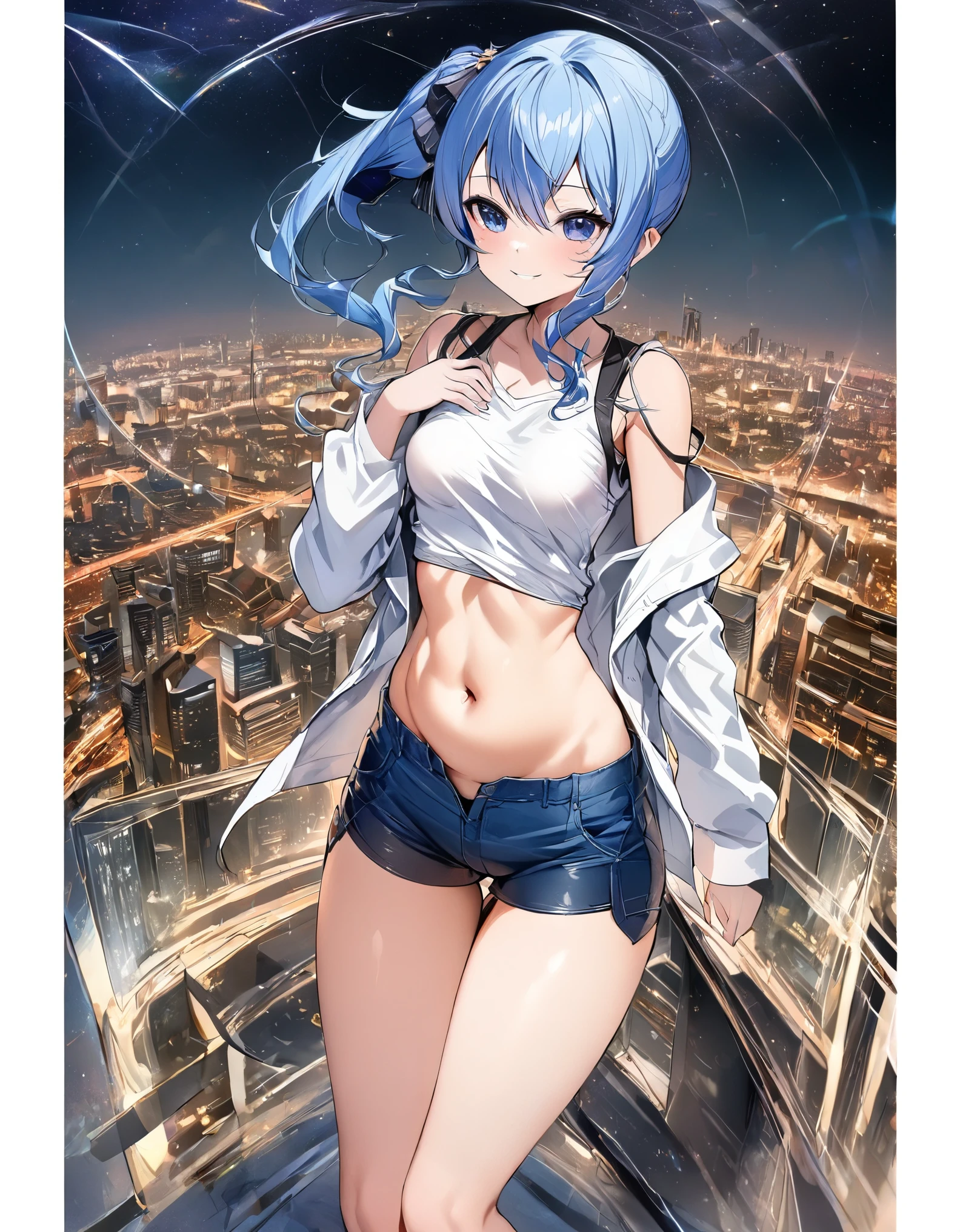 (8k、Best image quality、highest quality、masterpiece)、Detailed face、 1teen_girl、Blue Hair、Long Hair、sideponytail、dark_blue_eyes、smile,(navel_peek)、(small_breasts:0.8),(White_short_T-shirt:1.3)、Off the shoulder、Black shoulder straps、(open_front_shorts,denim_short_shorts:1.2)、City Background, starry_sky_landscape ,hoshimachi suisei,(covered_nipples:0.3), (belly_button:1.2),nihil,solo,stargaze,girl_looking_up_sky,slender,solo,boots,abs, tight_waist, point_to_sky