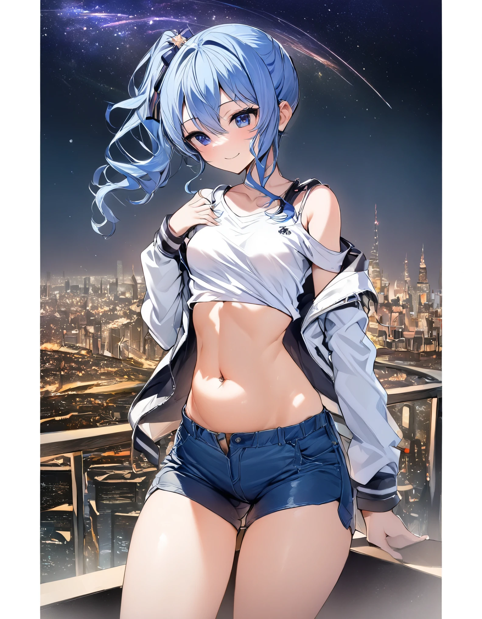 (8k、Best image quality、highest quality、masterpiece)、Detailed face、 1teen_girl、Blue Hair、Long Hair、sideponytail、dark_blue_eyes、smile,(navel_peek)、(small_breasts:0.8),(White_short_T-shirt:1.3)、Off the shoulder、Black shoulder straps、(open_front_shorts,denim_short_shorts:1.2)、City Background, starry_sky_landscape ,hoshimachi suisei,(covered_nipples:0.3), (belly_button:1.2),nihil,solo,stargaze,girl_looking_up_sky,slender,solo,boots,abs, tight_waist, point_to_sky