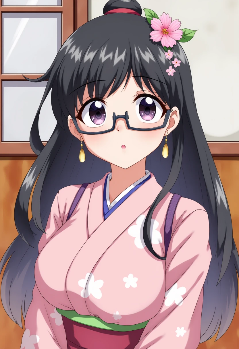 Japanese girl，Glasses， ( wears a pink kimono)UHD, masterpiece, high details, high quality, best quality, highres