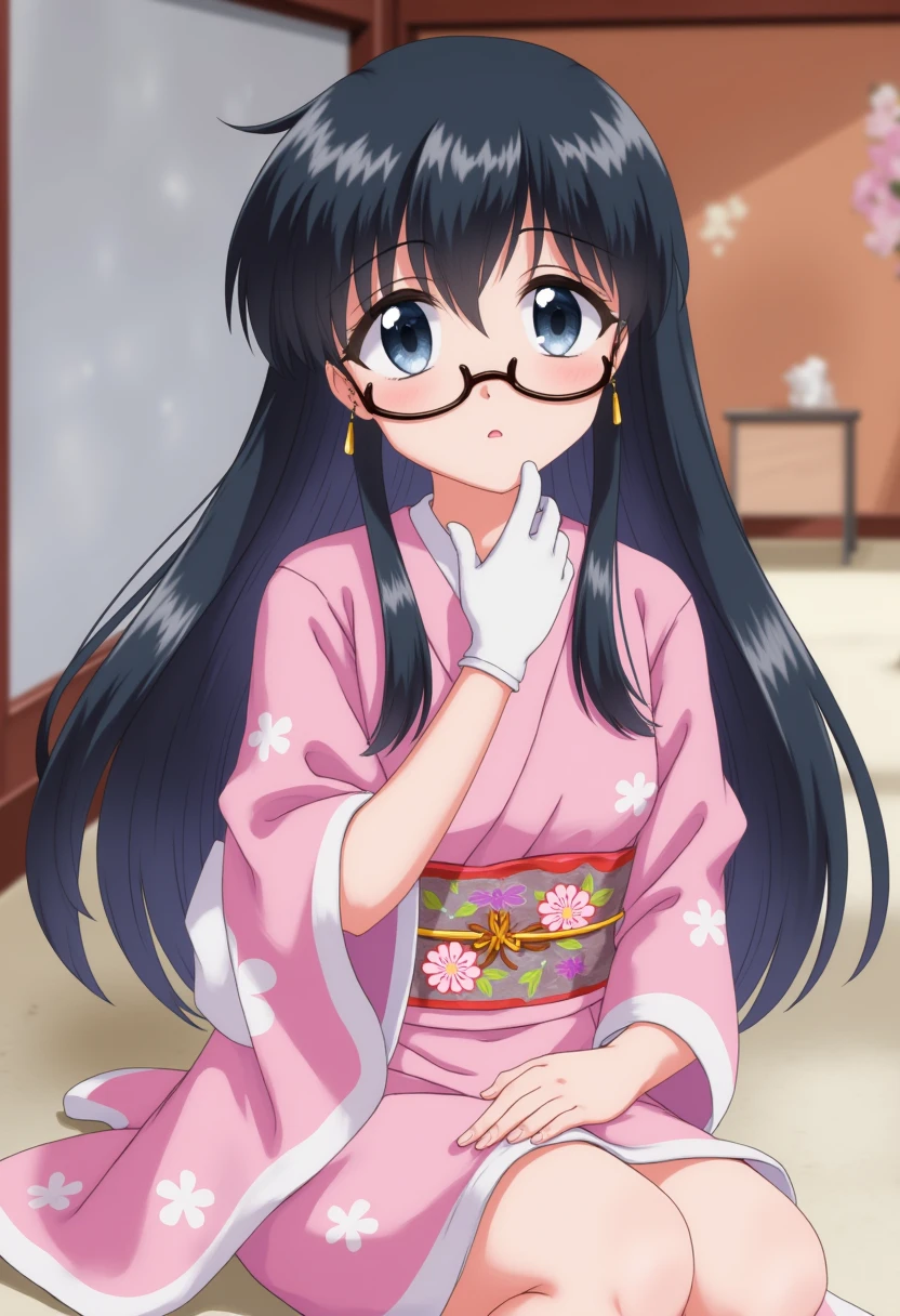 Japanese girl，Glasses， ( wears a pink kimono)UHD, masterpiece, high details, high quality, best quality, highres