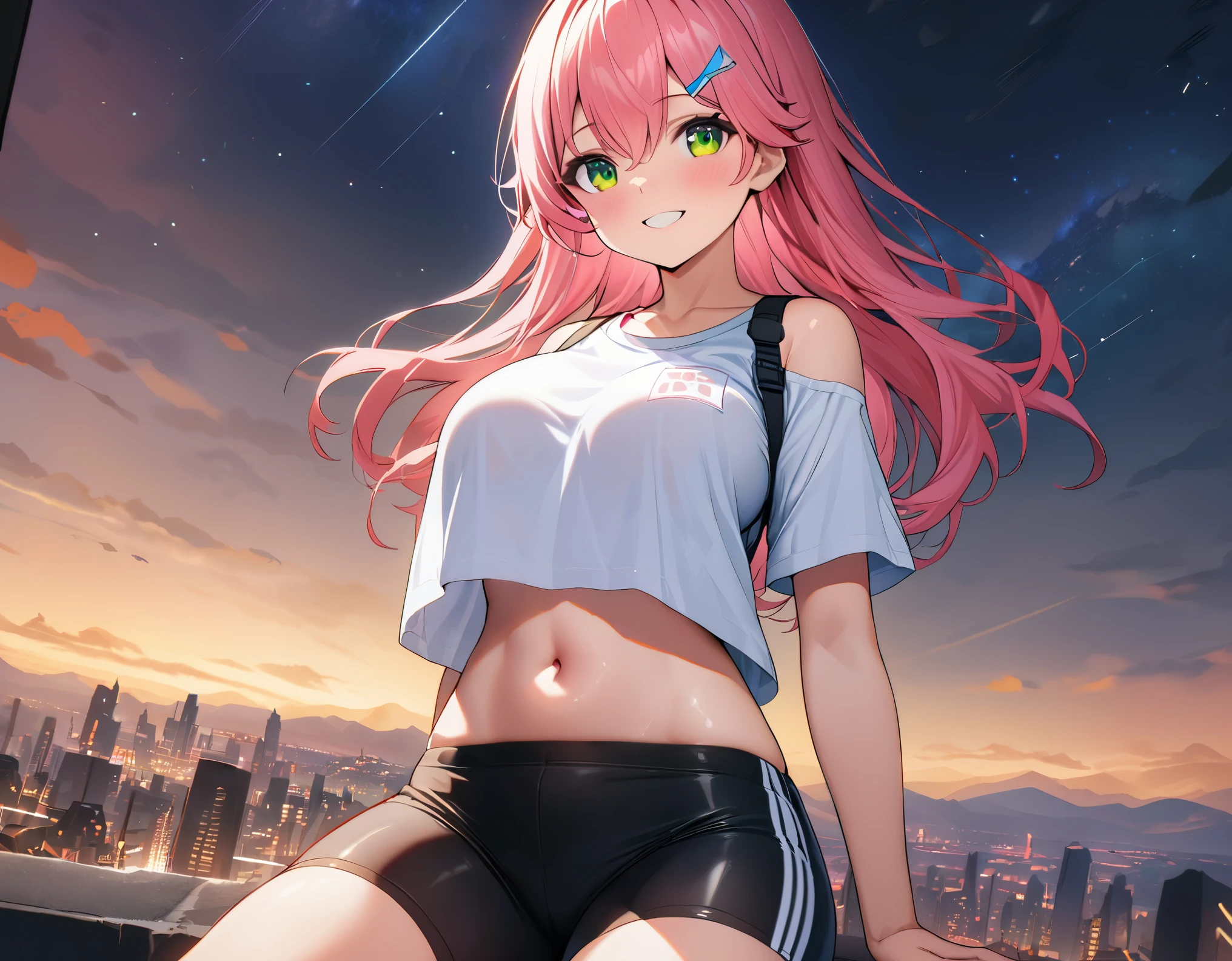 (8k、Best image quality、highest quality、masterpiece)、Detailed face、 1teen_girl、pink Hair、Long Hair、green_eyes、smile,(navel_peek)、(large_breasts),(White_short_T-shirt:1.5)、Off the shoulder、Black shoulder straps、(bike_shorts)、City Background, starry_sky_landscape ,sakura_miko,hololive,(covered_nipples:0.3),solo,stargaze,girl_looking_up_sky,shoot_boots,