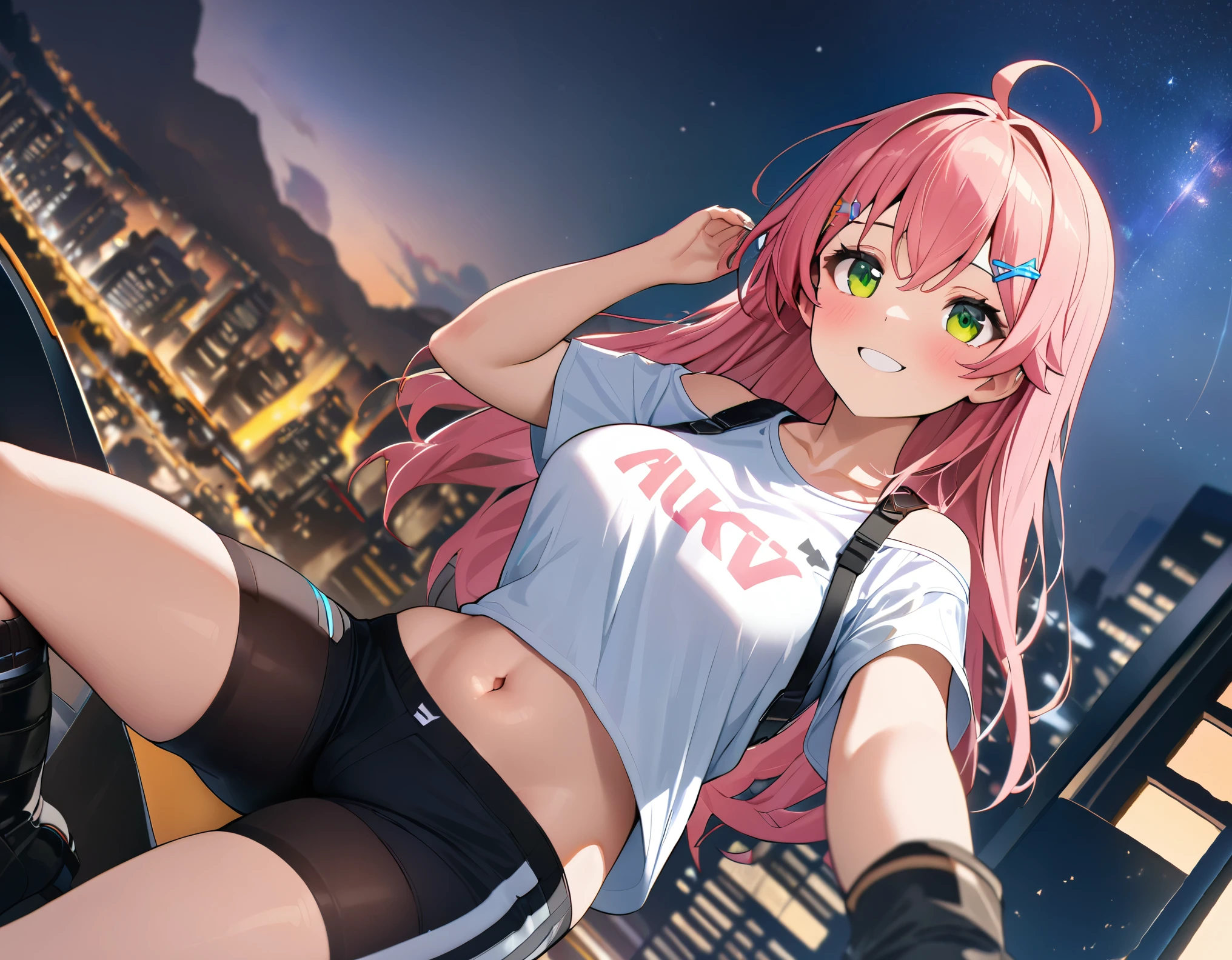 (8k、Best image quality、highest quality、masterpiece)、Detailed face、 1teen_girl、pink Hair、Long Hair、green_eyes、smile,(navel_peek)、(large_breasts),(White_short_T-shirt:1.5)、Off the shoulder、Black shoulder straps、(bike_shorts)、City Background, starry_sky_landscape ,sakura_miko,hololive,(covered_nipples:0.3),solo,stargaze,girl_looking_up_sky,shoot_boots,