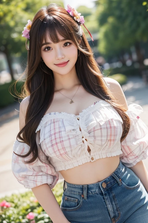 (8k, original photo, best quality, On the table:1.2), (Realist, Light-induced realism:1.37), Ultra-high resolution A, 1 girl, 18 years old, (Idol:1.4), (Famous actress :1.4), (Beautiful and delicate face:1), Bangs, (五彩Flowing hair), Hollows in the skin, Light makeup, (Beautiful big breasts:1.3), (Radiant Skin:1.1), Shiny skin, Long limbs, Slim, Suspended chest:1.3, Narrow waist, Medium hips, Thin legs, Thin legs, Dynamic Lighting, Obscene face, Smooth texture, Lipstick, V-shaped eyebrows, V Line Joe, 抬头看着audience, (Long hair:1.3), (Perfect face:1.4), ((Strong Wind)), Flowing hair, audience, (Smile:1.3), blue sky, (((Monte Carlo Street Circuit))), (((Racing))), (((Racing))), ((Promotion Girl:1.3)), ((grid girl:1)), Pink Lips, Light makeup, (Exquisite promotional clothing is intricately worn:1.10), Lace-up boots, Short sleeve, Cropped tops, ((Bomber Jacket:1)), (Tube Top:1), Knee-length, (((大量徽标尼龙Short sleeve夹克))), (Knee-length闪光尼龙百褶半身裙), ((ASYMMETRICAL MEDIUM NYLON PLEATED SKIRT)), Small hips, ((Promotional clothing with logo)), (((Red and white glitter promotional clothing))), Fingerless gloves, Abdominal view style, Dark-haired, Brown hair, Red hair, blue eyes, (Sweat beads:1), (Dynamic Angle), walk, Bend forward, audience,