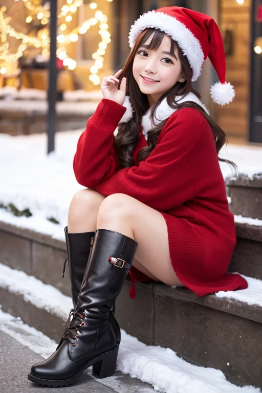 black panties, one girl, sitting buried in snow、wearing long boots、, santa claus costume、mksks, adult woman, 25 years old, huge breasts, thin legs, shy smile,