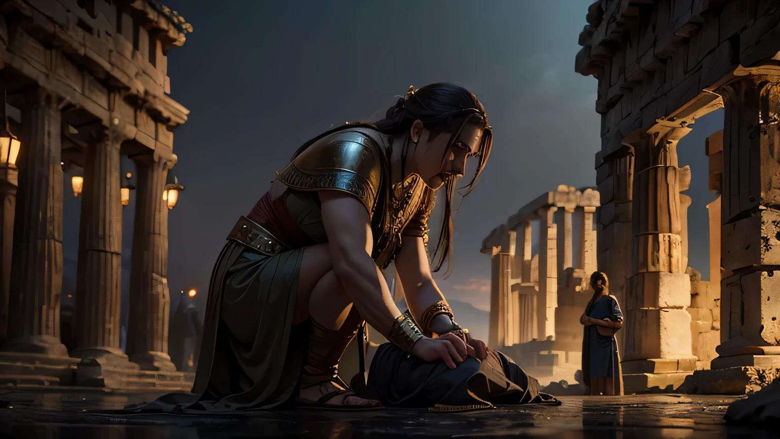 Realism, super quality, action photography style, a defeated woman kneels, her son holds the tip of his sword to the woman's throat, knife stab in the throat, Her head is thrown back strongly.., the woman has a large manly Adam's apple, (woman - 30 year old warrior, throat slashed, Womans face, gothic makeup, pale skin, long hair) (son is 12 ) The ancient Greece
