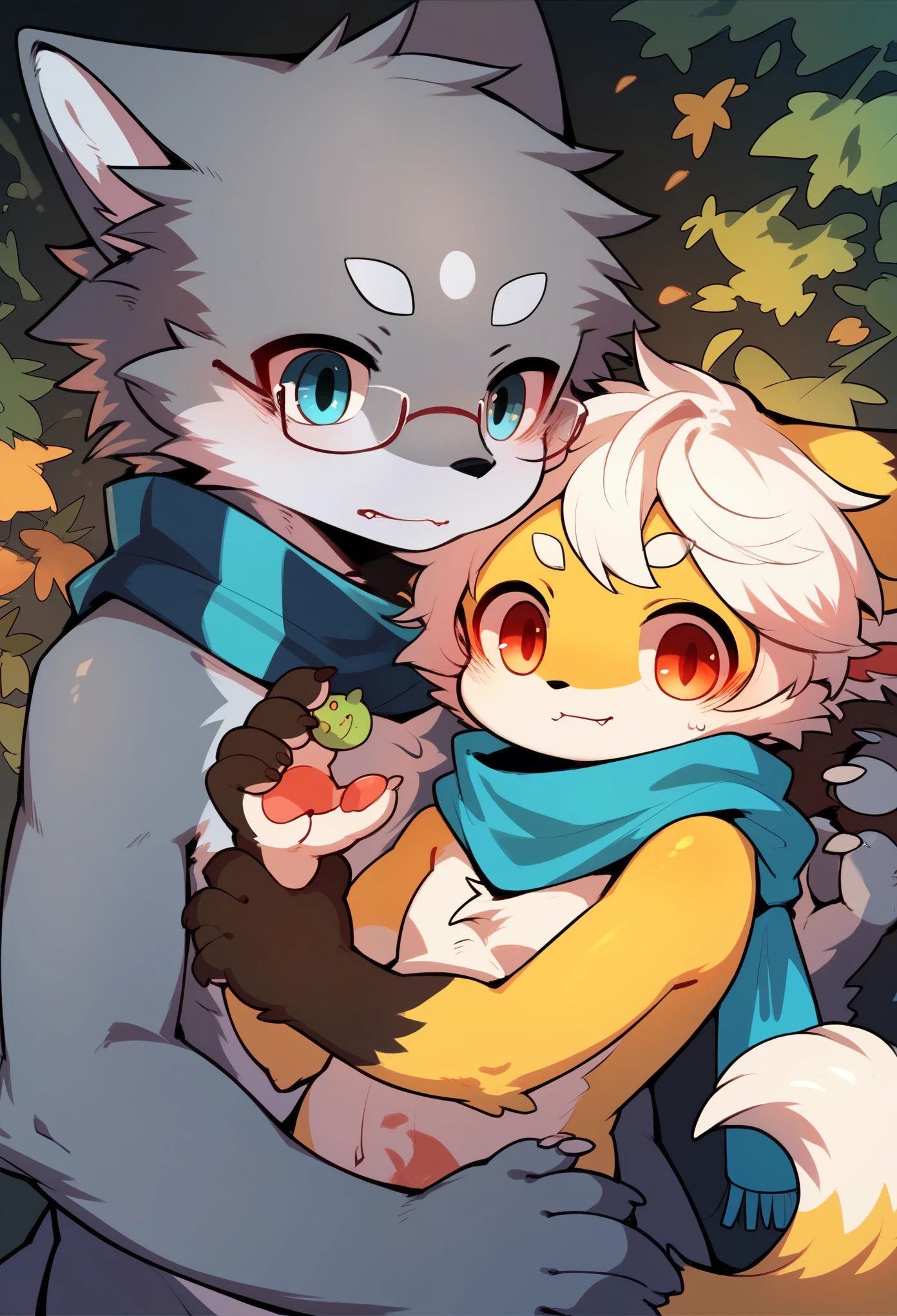 Heterosexual，Fox Boy，furry boy，Characteristics of young children，White hair，Yellow skin，White Arm，scarf，Wolf Girl，furry girl，Baby characteristics，White hair，Gray skin，Shawl，Glasses，