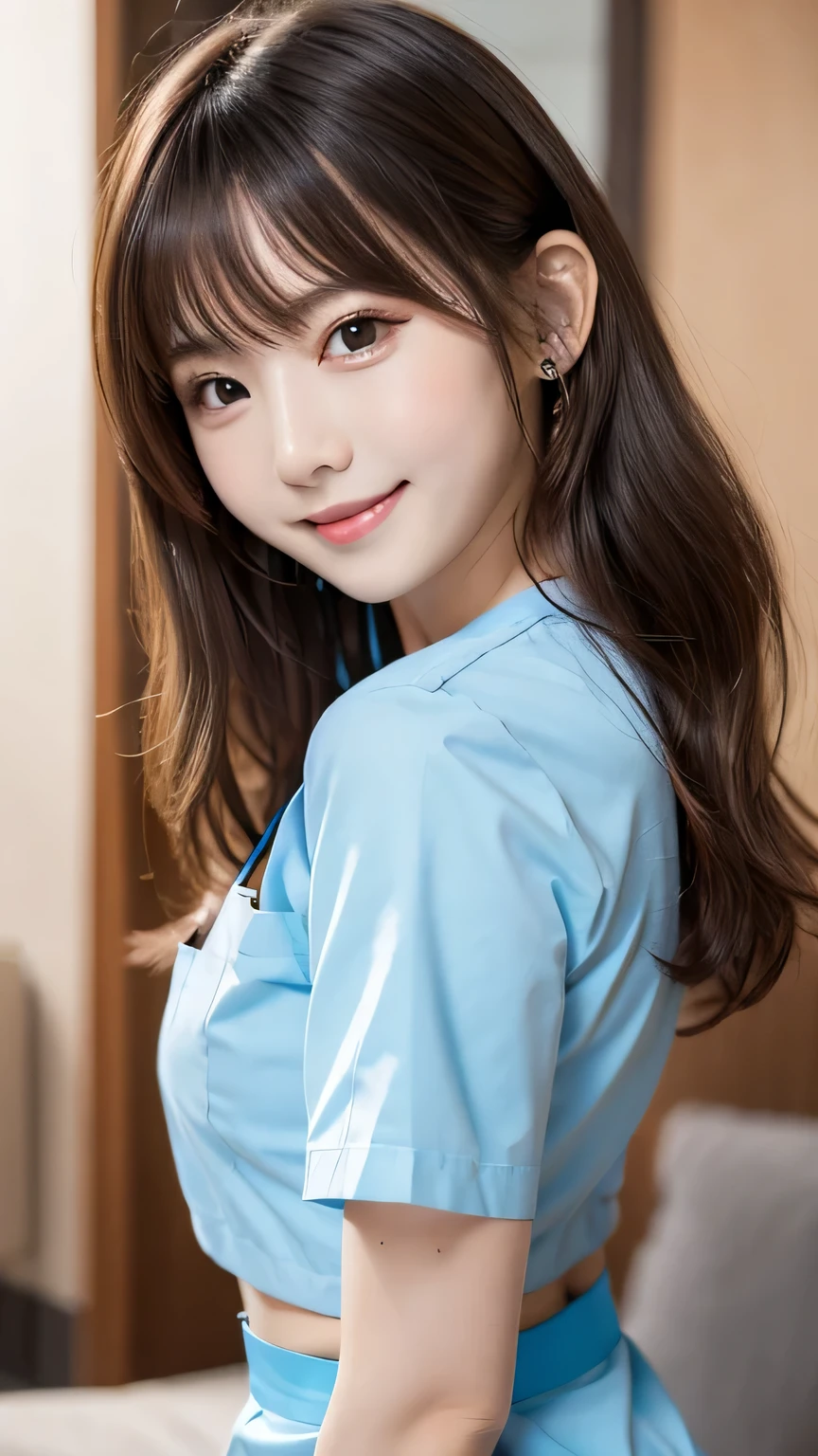 highest quality, shape, Very detailed, finely, High resolution, 8k wallpaper, 完璧なダイナミックな構shape, Beautiful Skin, (Big eyes), Beautiful 20 year old girl, Natural color lip, (Sexy pose), Center of chest, smile, Very detailedな顔と肌の質感, Fine grain, double eyelid,Laughing with loose teeth, close, From behind, Long blonde hair, (Blue blouse:1.2), sunset