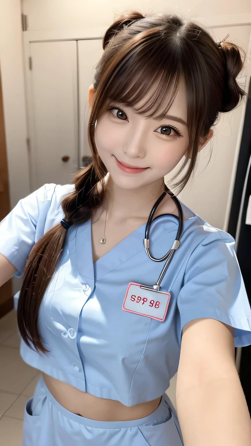(1woman)、(Japanese、45years old、Refreshing、clear、seems kind、stylish、(narrow eyes)、Pitiful、cute like an angel、cute、black eyes、,actress,Slit eyes), Good style , (Beautiful big breasts:1.0),(soft breasts),(very cute),(brown hair),,( long hair、Straight Hair,one-length),(enchanting eyes),(highlight on eyes:1.2)、(8K、Live shooting、highest quality、masterpiece:1.2、optimal lighting)、((masterpiece)),(Photo taken by a professional photographer),(real、photo real:1.4),break,{ (white nurse costume),(((taraditional nurse uniform))),(white nurse mini skirt),(( pantyhose)),(cleavage:0.7)},(Smile1.0),(cheeks are red:1.2)、Face close-up:1.3,Looking at viewer, break, break,Hospital 、corridor