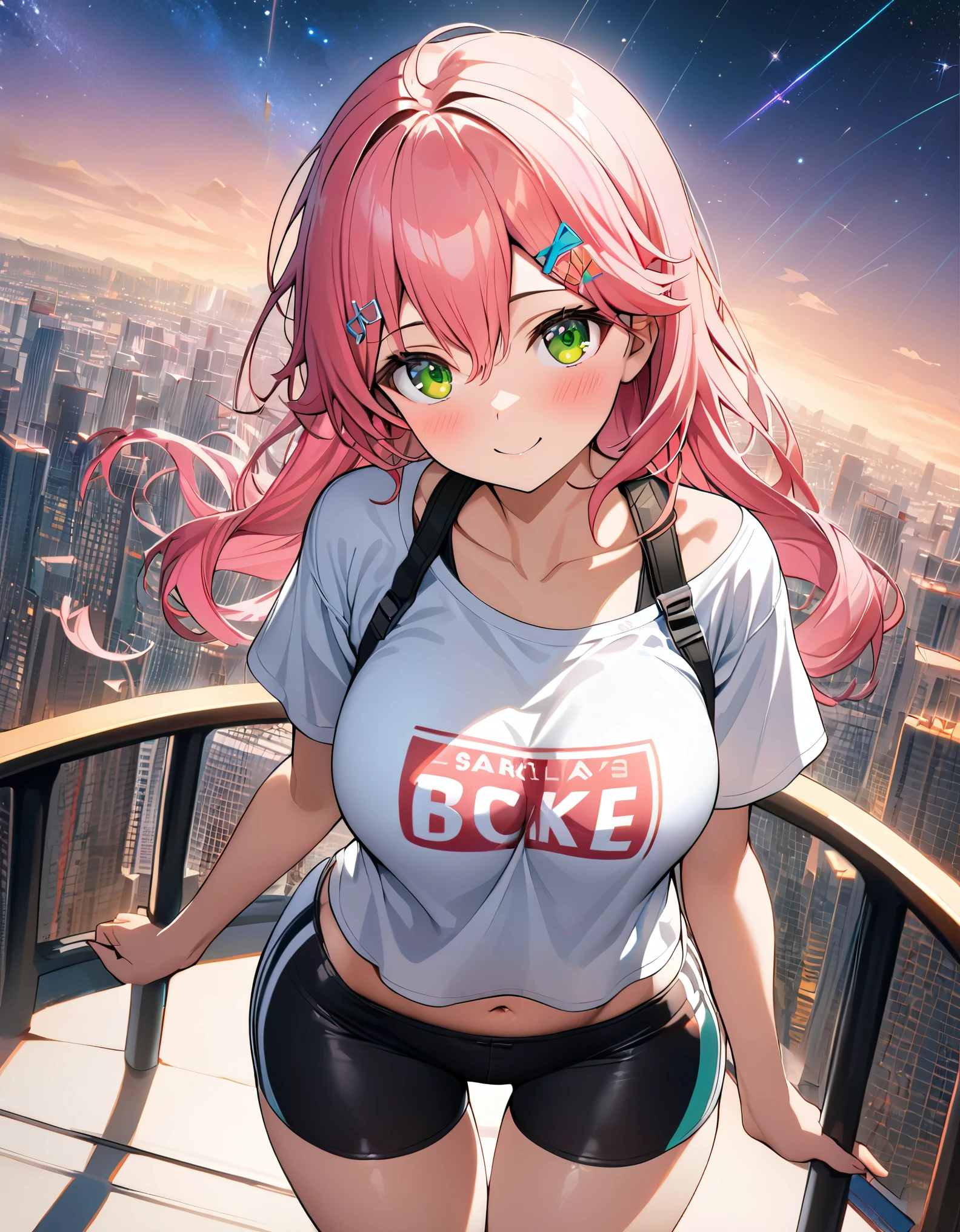 (8k、Best image quality、highest quality、masterpiece)、Detailed face、 1teen_girl、pink Hair、Long Hair、green_eyes、smile,(navel_peek)、(large_breasts),(White_short_T-shirt:1.5)、Off the shoulder、Black shoulder straps、(short_bike_shorts)、City Background, starry_sky_landscape ,sakura_miko,ho****ve,(covered_nipples:0.5),solo,stargaze,girl_looking_up_sky,sneaker,