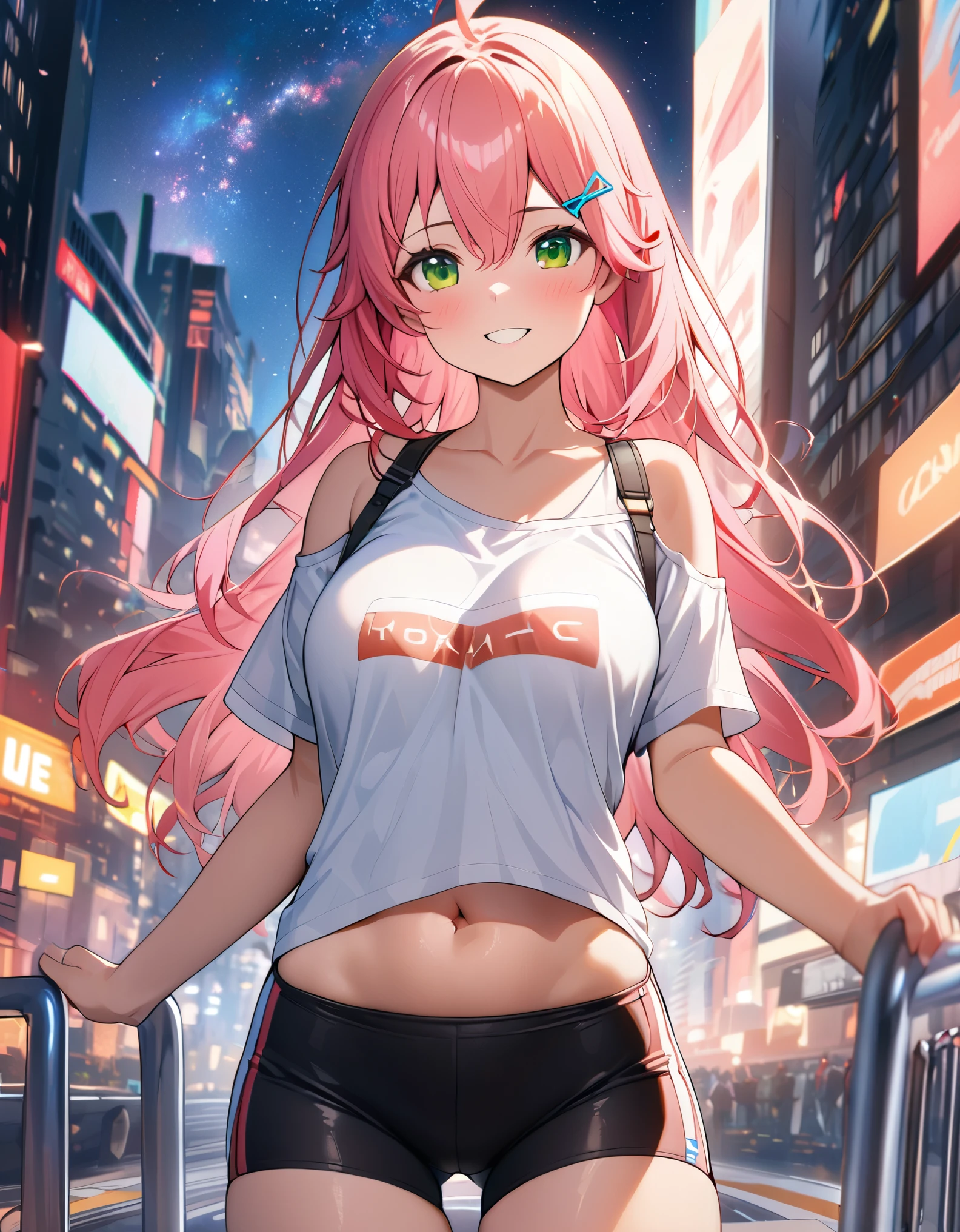 (8k、Best image quality、highest quality、masterpiece)、Detailed face、 1teen_girl、pink Hair、Long Hair、green_eyes、smile,(navel_peek)、(large_breasts),(White_short_T-shirt:1.5)、Off the shoulder、Black shoulder straps、(short_bike_shorts)、City Background, starry_sky_landscape ,sakura_miko,ho****ve,(covered_nipples:0.5),solo,stargaze,girl_looking_up_sky,sneaker,