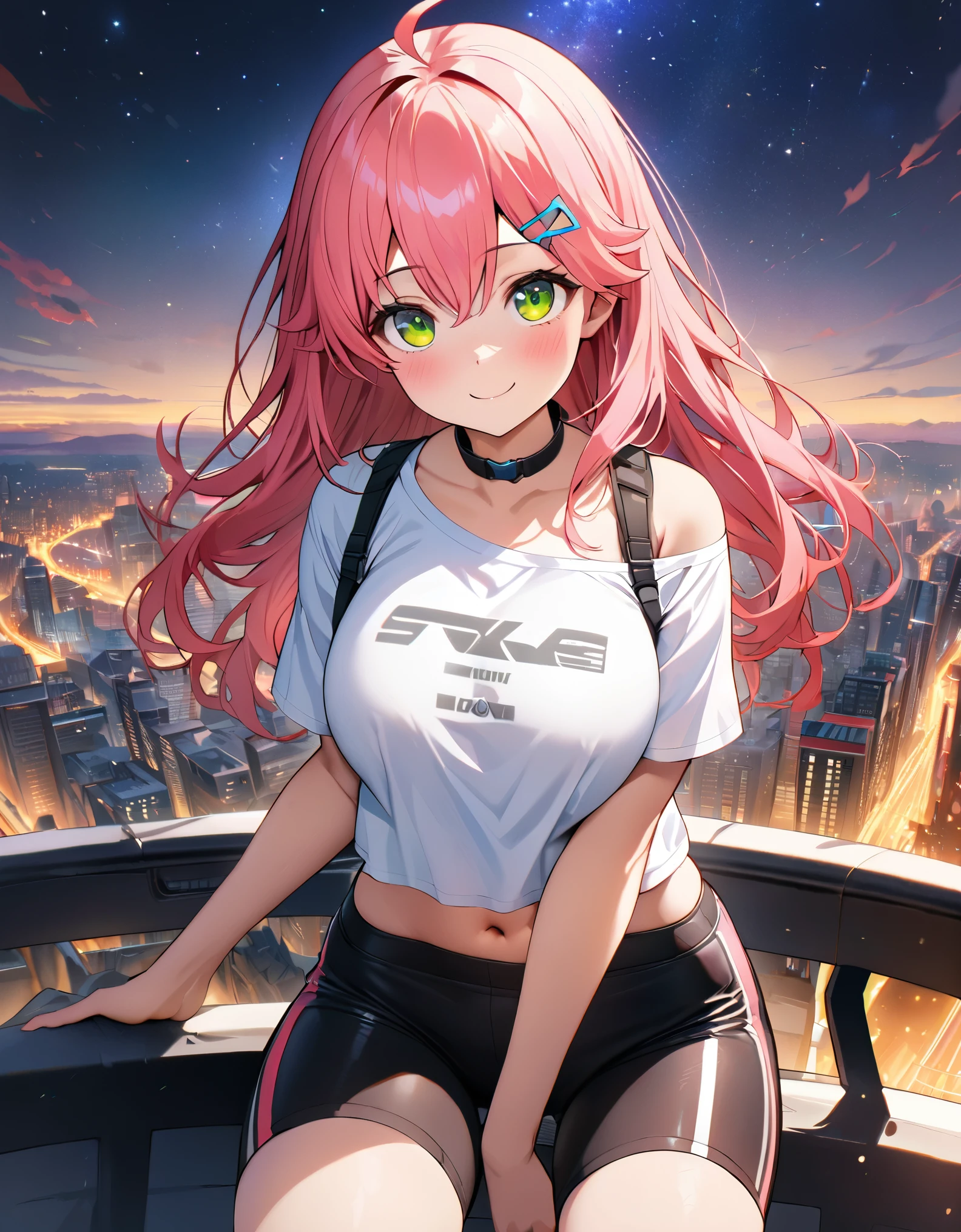 (8k、Best image quality、highest quality、masterpiece)、Detailed face、 1teen_girl、pink Hair、Long Hair、green_eyes、smile,(navel_peek)、(large_breasts),(White_short_T-shirt:1.5)、Off the shoulder、Black shoulder straps、(short_bike_shorts)、City Background, starry_sky_landscape ,sakura_miko,hololive,(covered_nipples:0.5),solo,stargaze,girl_looking_up_sky,sneaker,