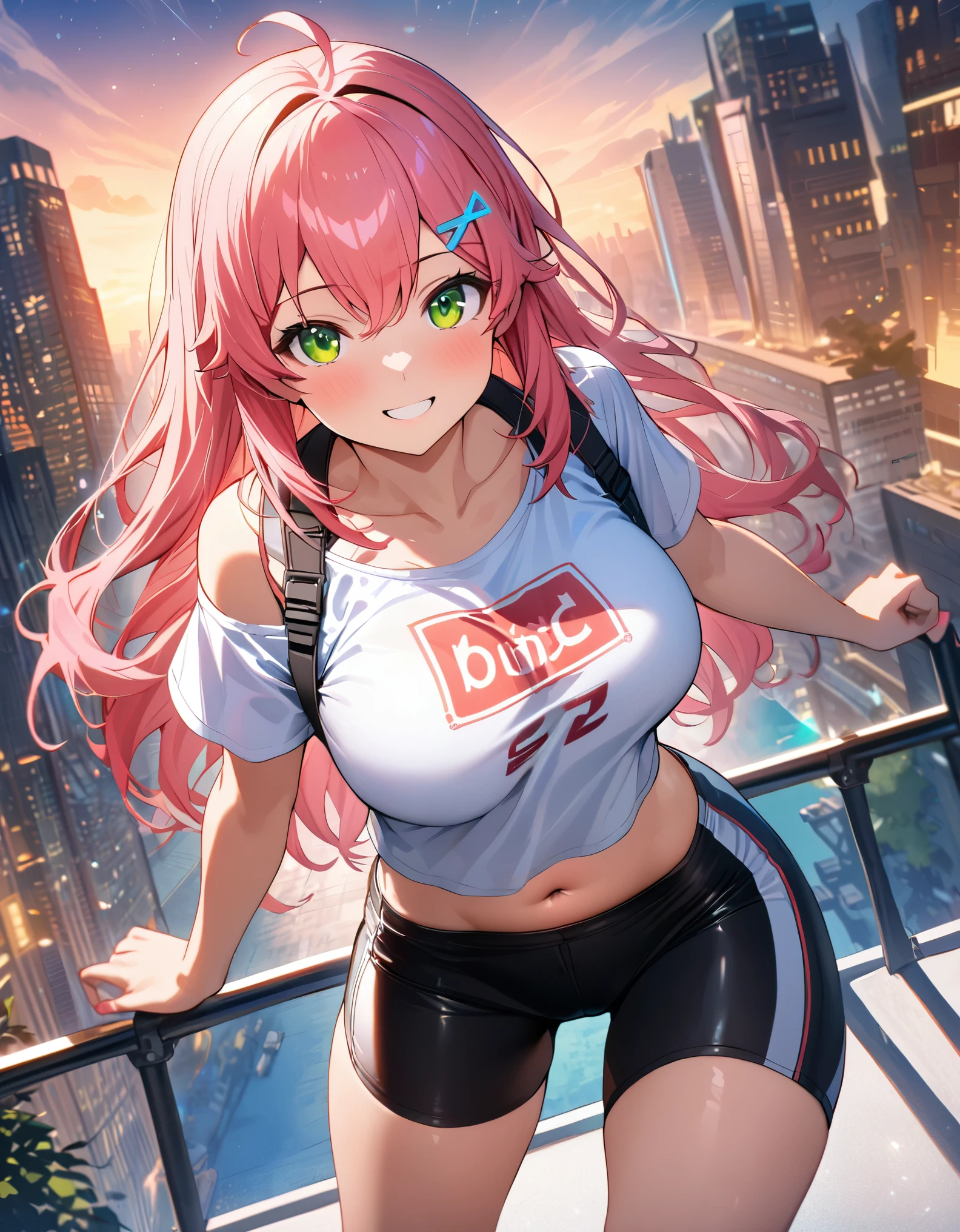 (8k、Best image quality、highest quality、masterpiece)、Detailed face、 1teen_girl、pink Hair、Long Hair、green_eyes、smile,(navel_peek)、(large_breasts),(White_short_T-shirt:1.5)、Off the shoulder、Black shoulder straps、(short_bike_shorts)、City Background, starry_sky_landscape ,sakura_miko,ho****ve,(covered_nipples:0.5),solo,stargaze,girl_looking_up_sky,sneaker,