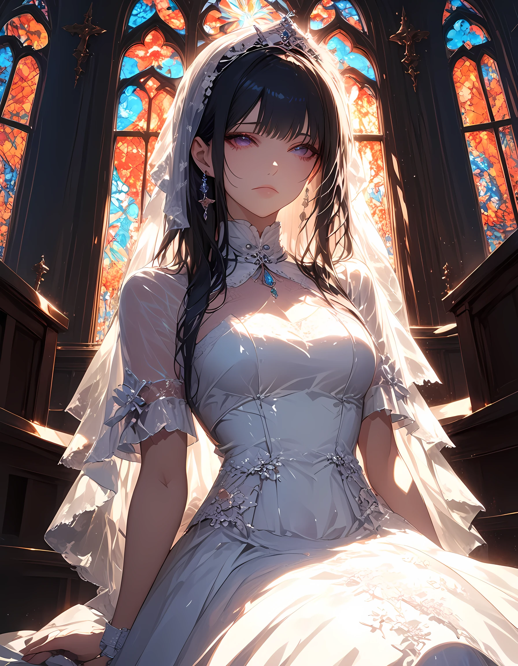 a picture of a bride siting alone near the altar after her groom left her, she is wearing a bride's white dress, intricate dress, high heels, church's altar background, the church is empty, sunset sunrays coming through the stained glass windows, a sense of loss, sad atmosphere, a sad breakup,  Ultra-high resolution, High Contrast, (masterpiece:1.5), highest quality, Best aesthetics), best details, best quality, highres, 16k, (ultra detailed: 1.5), masterpiece, best quality, (extremely detailed) RAW, (ultra details, Masterpiece, best quality), Hyperrealism style, mythp0rt