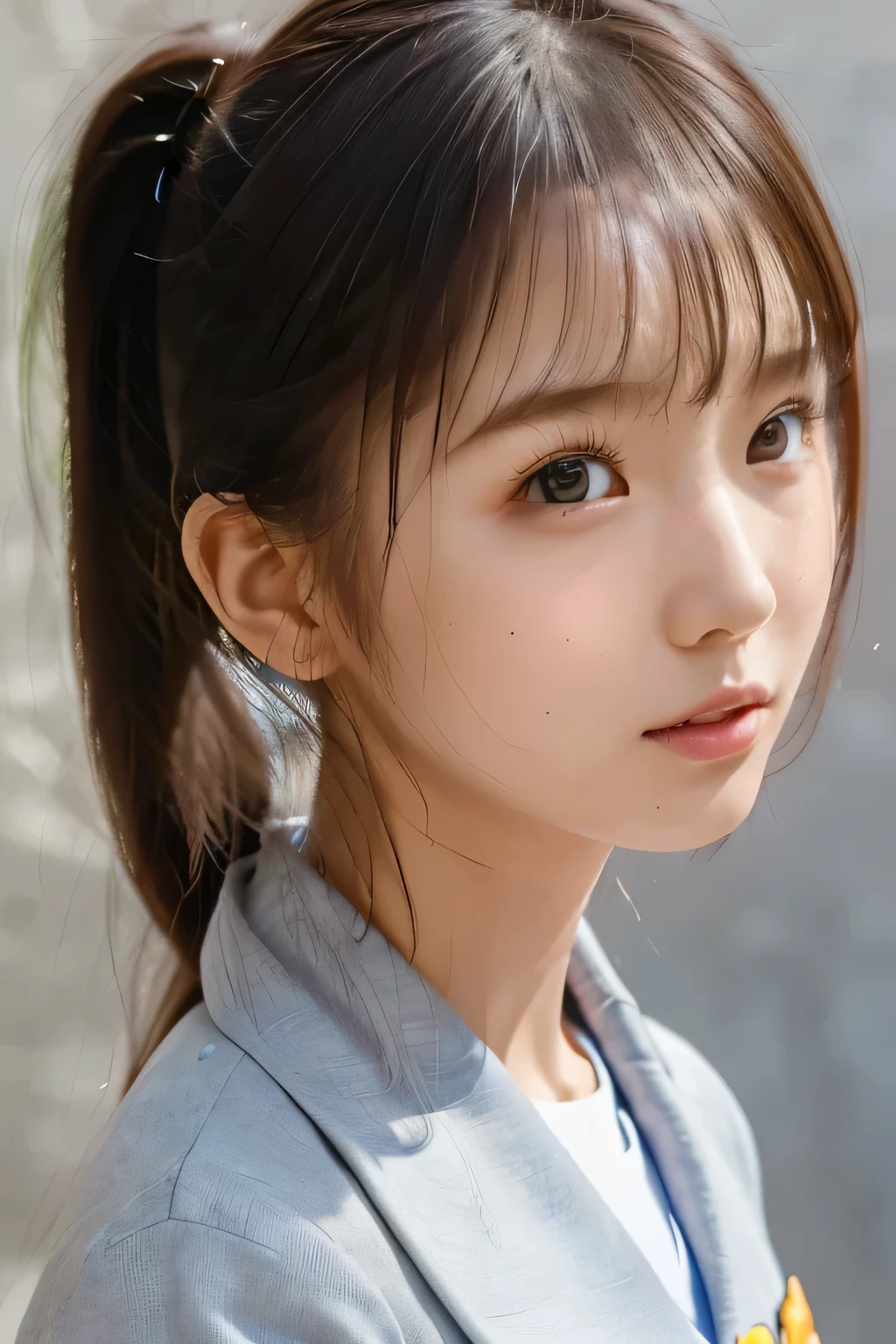 (90s Pattern:1.2)、(masterpiece、Best Quality、Ultra-detailed、Ultra-high resolution)、girl、solo、(slim、Slender、cute:1.2)、 ponytail、(Face Shot:1.35)、(( concrete background ))、(Japanese High School Uniform:1.23)、