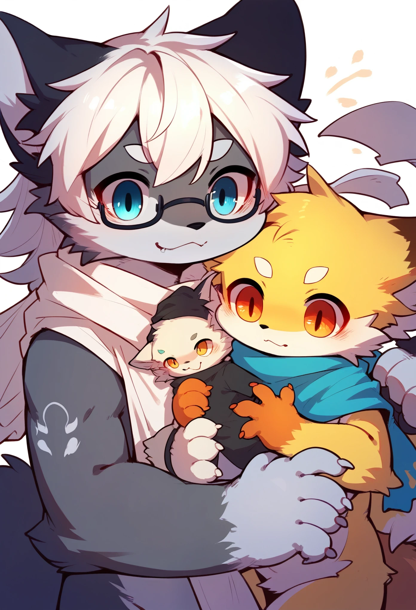 Heterosexual，Fox Boy，furry boy，Characteristics of young children，White hair，Yellow skin，White Arm，scarf，Wolf Girl，furry girl，Baby characteristics，White hair，Gray skin，Shawl，Glasses，