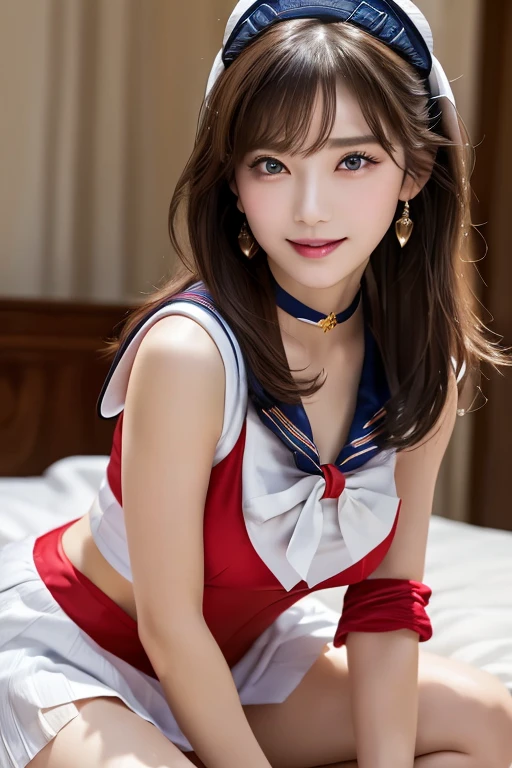 Sailor Moon Cosplay Have thick pubic hair(highest quality、8k、masterpiece:1.3)) ((Perfect glowing skin,Perfect Skin)) Brown Hair NSFW Wavy Hair