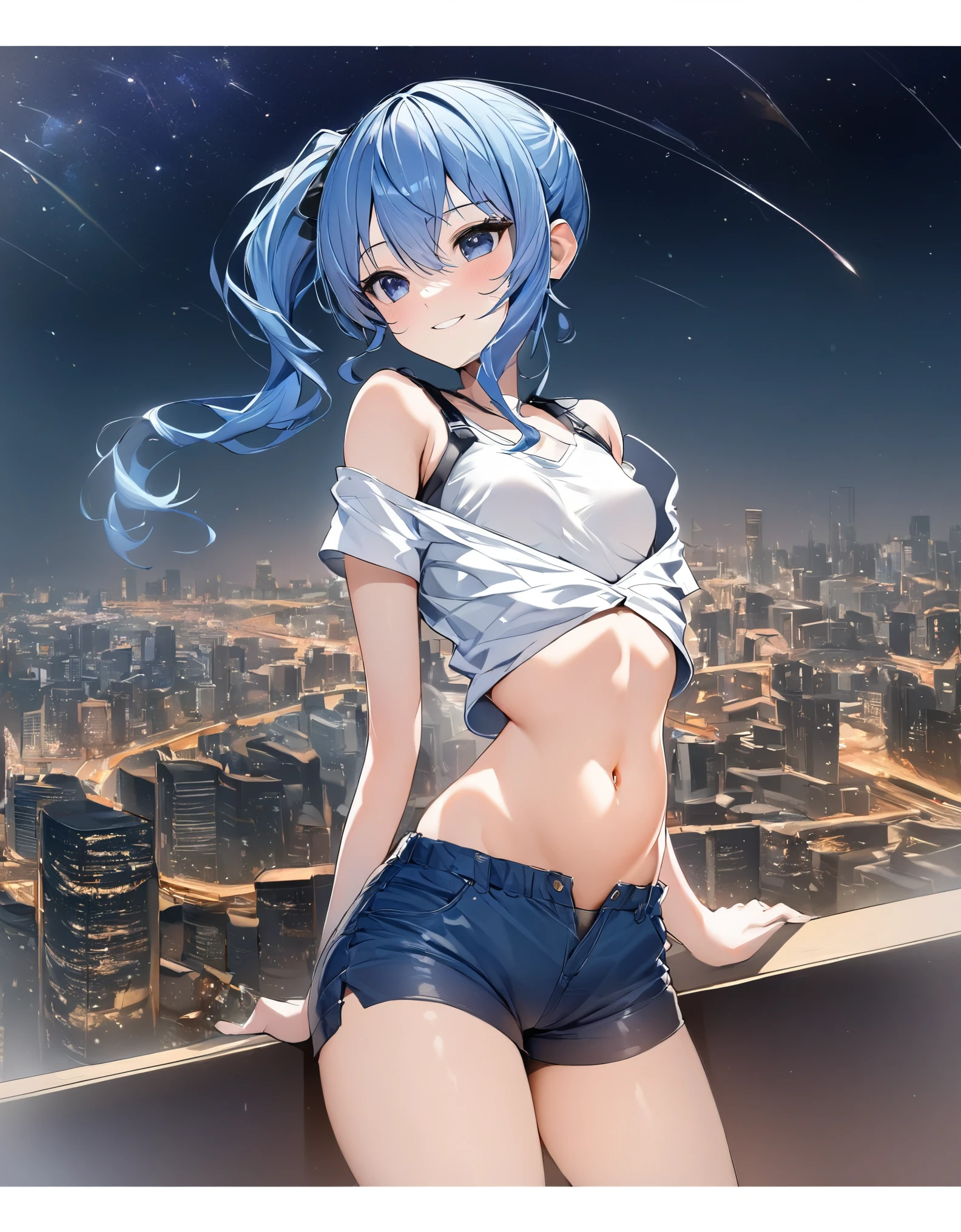 (8k、Best image quality、highest quality、masterpiece)、Detailed face、 1teen_girl、Blue Hair、Long Hair、sideponytail、dark_blue_eyes、smile,peek_stomach,small_breasts:0.8,(White_T-shirt:1.3)、Off_shoulder、Black shoulder straps、(open_front_shorts,denim_short_shorts:1.2)、City Background, starry_sky_landscape ,hoshimachi suisei, (belly_button:1.2),nihil,solo,stargaze,girl_looking_up_sky,slender,solo,boots,abs, tight_waist, point_to_sky