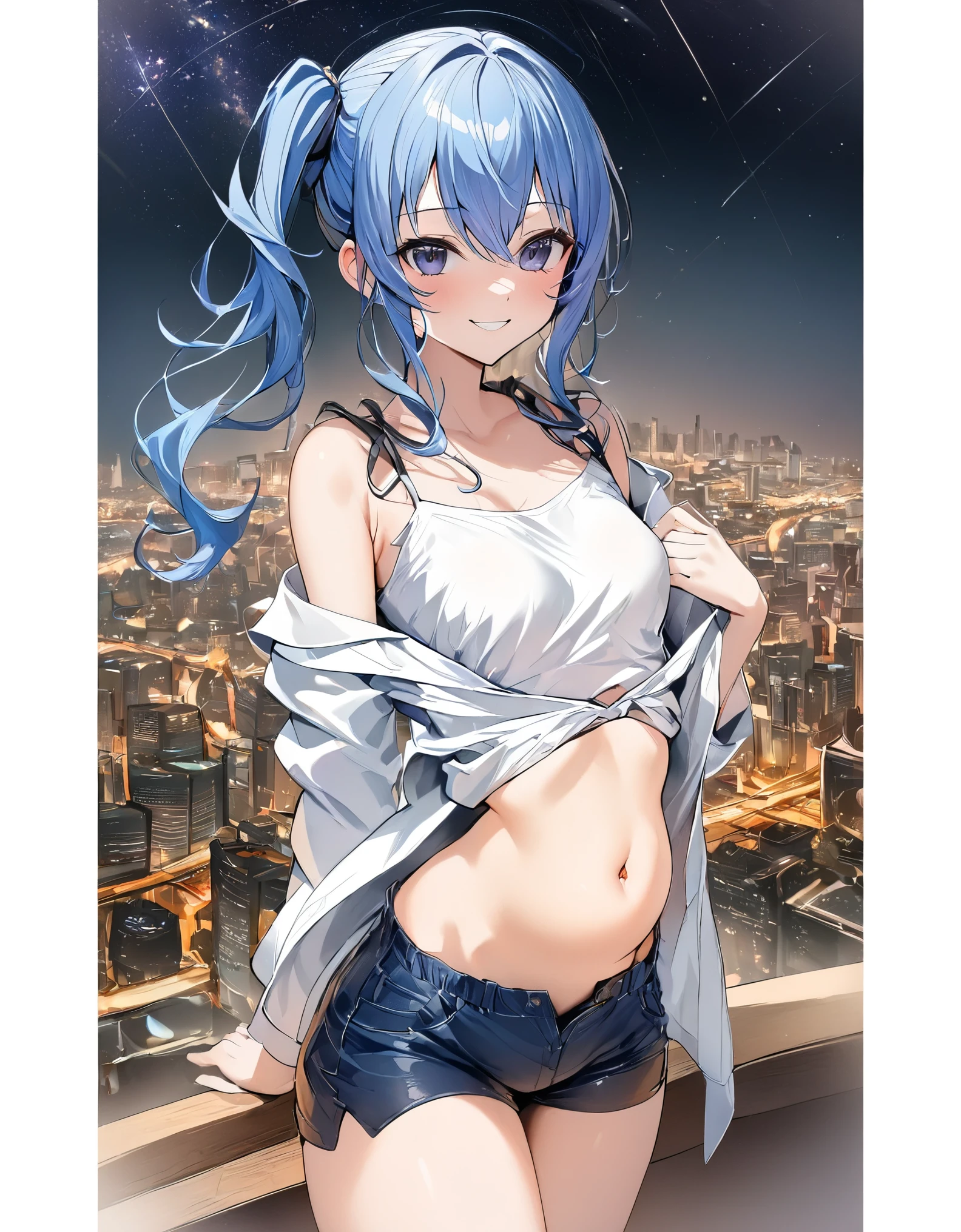 (8k、Best image quality、highest quality、masterpiece)、Detailed face、 1teen_girl、Blue Hair、Long Hair、sideponytail、dark_blue_eyes、smile,peek_stomach,small_breasts:0.8,(White_T-shirt:1.3)、Off_shoulder、Black shoulder straps、(open_front_shorts,denim_short_shorts:1.2)、City Background, starry_sky_landscape ,hoshimachi suisei, (belly_button:1.2),nihil,solo,stargaze,girl_looking_up_sky,slender,solo,boots,abs, tight_waist, point_to_sky