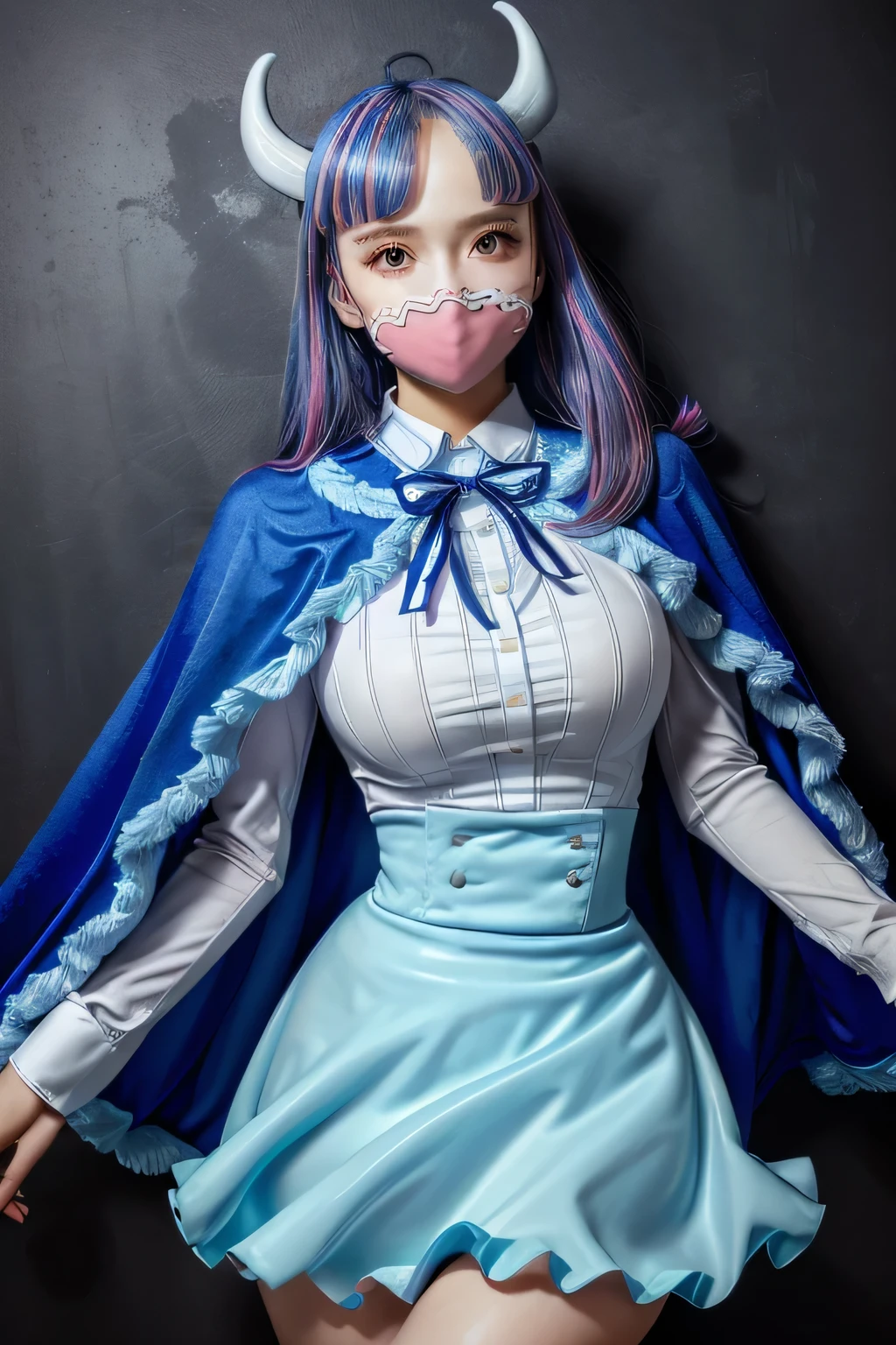 1 girl,UltiOP, mask, by the wide, Collared shirt, ribbon on the neck, blue skirt, blue cape, red heels.