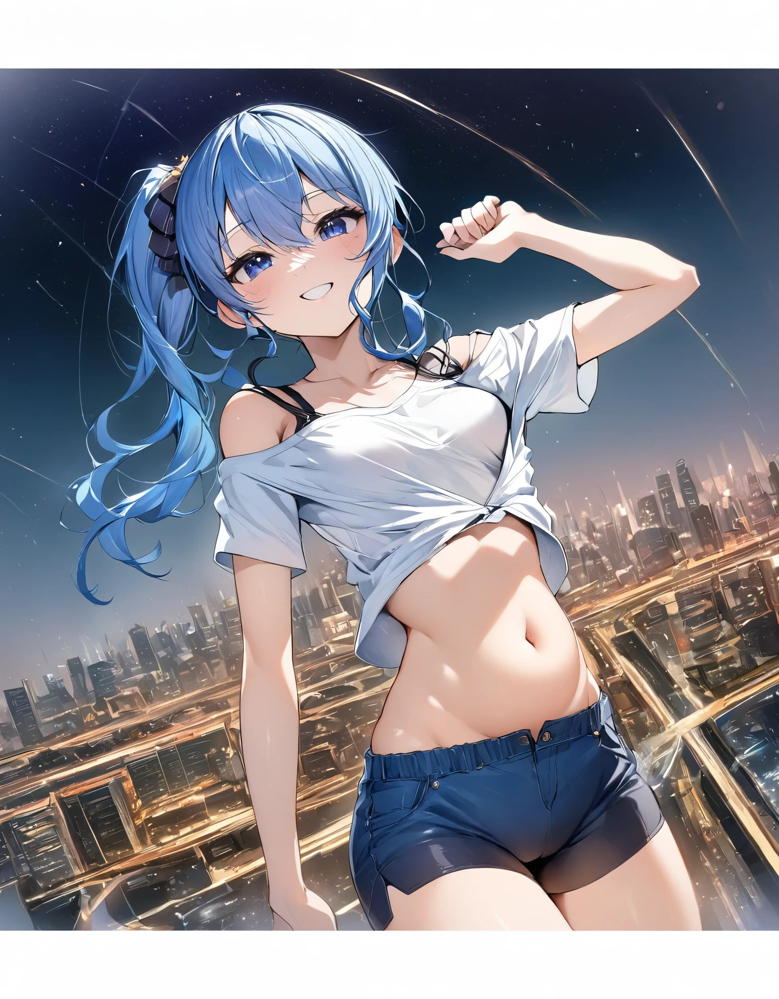 (8k、Best image quality、highest quality、masterpiece)、Detailed face、 1teen_girl、Blue Hair、Long Hair、sideponytail、dark_blue_eyes、smile,peek_stomach,small_breasts:0.8,(White_T-shirt:1.3)、Off_shoulder、Black shoulder straps、(open_front_shorts,denim_short_shorts:1.2)、City Background, starry_sky_landscape ,hoshimachi suisei, (belly_button:1.2),nihil,solo,stargaze,girl_looking_up_sky,slender,solo,boots,abs, tight_waist, point_to_sky