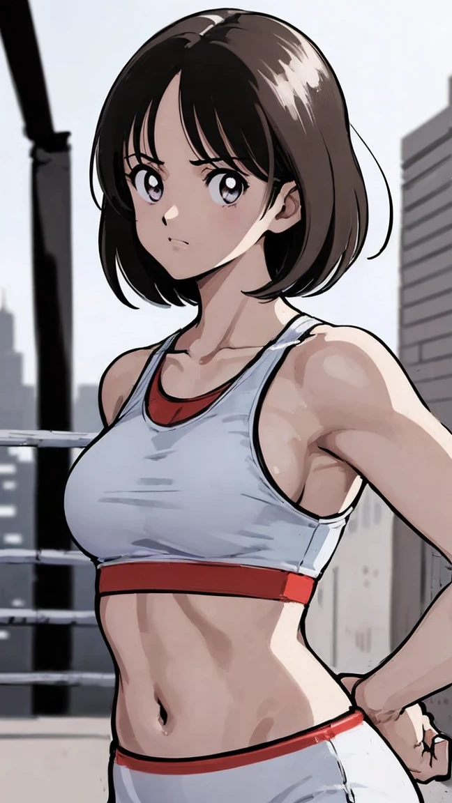 (((Full Body Shot、On the boxing ring、  Boxing Gloves  、Sports Bra)))、((Pencil drawing))、((Manga))、(masterpiece、top-quality)、Best Quality, masterpiece, 超A high res, (Realistic:1.4), ((masterpiece:1.4, Best Quality)), ((masterpiece, Best Quality)), (Manga style:1.4)、 (超A high res:1.2),  high res、flawless、masterpiece, Best Quality,       Soft Dim Lighting      , addition_detailed, Good lighting、A highly detaileded、Highly detaileded CG Unity 8K wallpapers、Raising awareness、((beautifull detaileded face))、( ((ultra-detailedliert )))、high-resolution Raising awarenessns、Side light、((Raising awarenessnbest))、Highly detaileded eyes、      perfect lighting 、(extremelydetailededCG:1.2)、(((masterpiece))), (1 personの少女)、(1 person)、      solo focus      、    glowing skin    、 beautiful girl with beautiful detaileds, Very cute, beautiful girl with beautiful detaileds,           professional photo writing on a boxing ring     , extremely detaileded eye and face, （ 人物の接写 ）、(Manga style:1.1)、Plain Bottom、(masterpiece、Best Quality:1.2)、((      facing the front      :1.2))、With bangs、Young woman 、((       upper body  :1.2))、 short hair、    、 Outside、      Boxing Gloves      、Full Body Shot