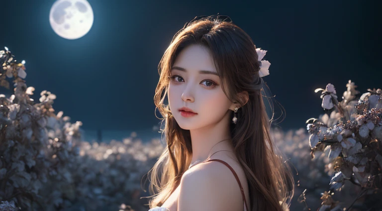 Long flowing brown hair,Fluorescent eyeshadow,Glowing pale eyes,Moon,Demon-free,Plush ears,moonlight,Flowing tulle,Best picture quality,Transparent flowers,Gradient petals,Flower hairpin,Noodles