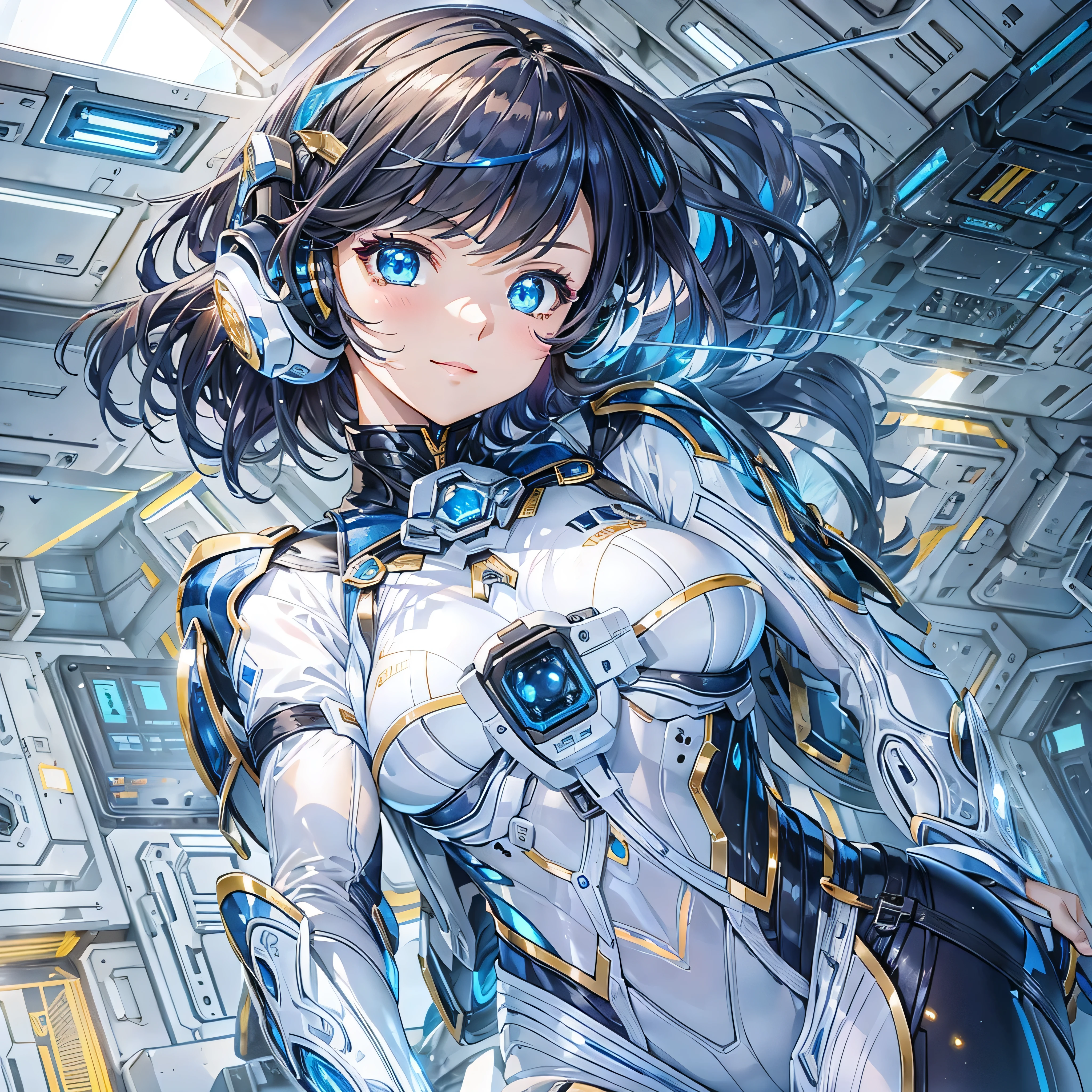 (masterpiece、highest quality、Highest Resolution、Clear_image、Detailed details、Angle from above): (Whole body、One 20 year old girl、Japanese Faces、Small Face、Slender、Navy blue super short bob cut hair、(Hidden small breasts:1.3)、Sparkling blue eyes、Shiny pilot suit in blue and black colors、Chest protection armor、Tight fitting clothes、Clothing that covers the whole body、Glamorous clothes、Tight Fit Pants、Hide your skin、Very delicate and beautiful、Detailed Skin、hide thighs、Hide your ass、Cute、A gentle smile、Soft expression、heroine、headset、Knee-high boots、Elbow-length gloves、Eye Level Shot、Face directly、Woman on a spaceship)