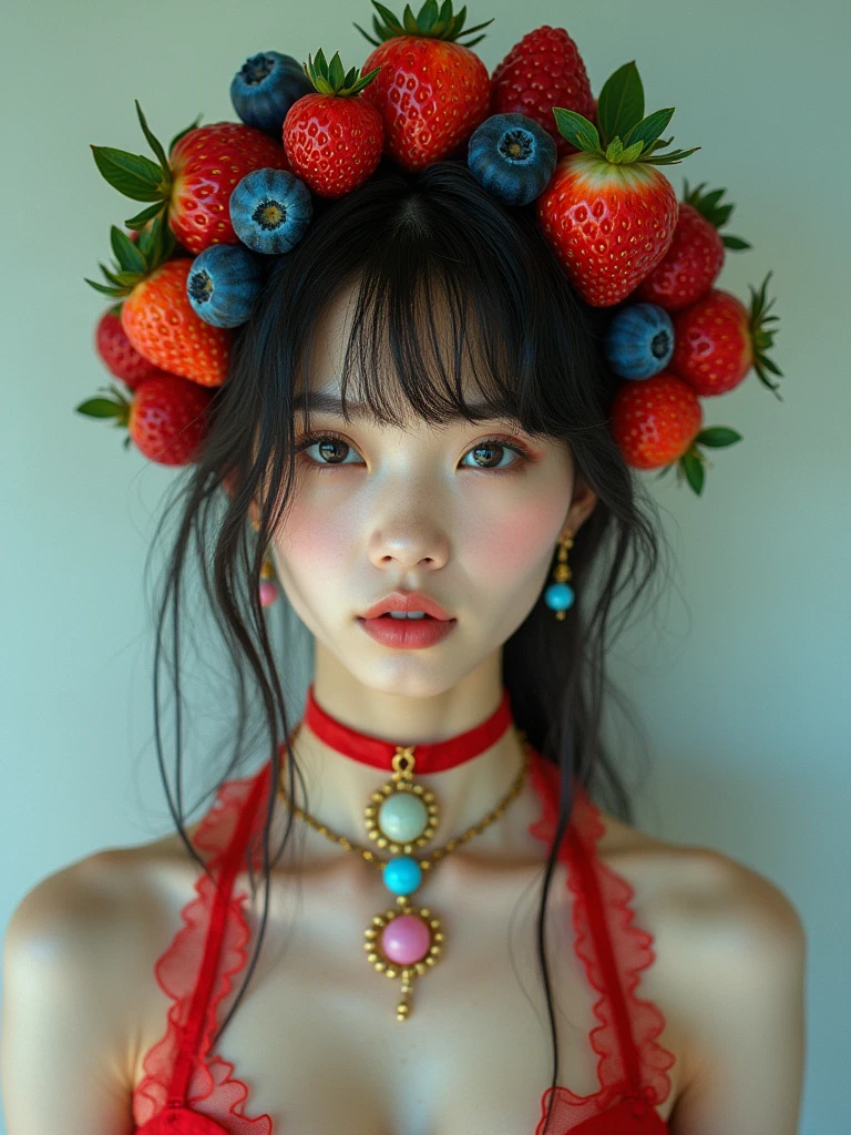 a portrait of an exotic, elegant beautiful mecha woman eating an epic, (legendary strawberry: 1.3) in cocktail party , ((full body: 1.5)), ((anatomically correct: 1.5)), (ultra detailed face: 1.2), dynamic eye color, glowing eyes, dynamic hair color, dynamic hair style dynamic skin complexion, wearing 1960's glamour intricate dress, high. fashion dress, dynamic color dress , wearing high heels, cocktail party background, vibrant, Ultra-high resolution, High Contrast, (masterpiece:1.5), highest quality, Best aesthetics), best details, best quality, highres, 16k, (ultra detailed: 1.5), masterpiece, best quality, (extremely detailed) RAW, (ultra details, Masterpiece, best quality), Hyperrealism style, MechanicusStyleAI,