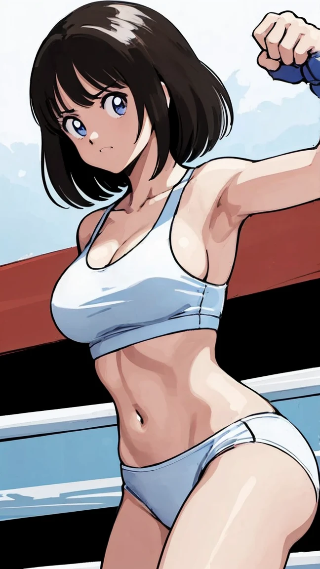 (((Full Body Shot、On the boxing ring、  Boxing Gloves  、Big Breasts、Sports Bra)))、((Pencil drawing))、((Manga))、(masterpiece、top-quality)、Best Quality, masterpiece, 超A high res, (Realistic:1.4), ((masterpiece:1.4, Best Quality)), ((masterpiece, Best Quality)), (Manga style:1.4)、 (超A high res:1.2),  high res、flawless、masterpiece, Best Quality,       Soft Dim Lighting      , addition_detailed, Good lighting、A highly detaileded、Highly detaileded CG Unity 8K wallpapers、Raising awareness、((beautifull detaileded face))、( ((ultra-detailedliert )))、high-resolution Raising awarenessns、Side light、((Raising awarenessnbest))、Highly detaileded eyes、      perfect lighting 、(extremelydetailededCG:1.2)、(((masterpiece))), (1 personの少女)、(1 person)、      solo focus      、    glowing skin    、 beautiful girl with beautiful detaileds, Very cute, beautiful girl with beautiful detaileds,           professional photo writing on a boxing ring     , extremely detaileded eye and face, （ 人物の接写 ）、(Manga style:1.1)、Plain Bottom、(masterpiece、Best Quality:1.2)、((      facing the front      :1.2))、With bangs、Young woman 、((       upper body  :1.2))、 short hair、    、 Outside、      Boxing Gloves      、Full Body Shot