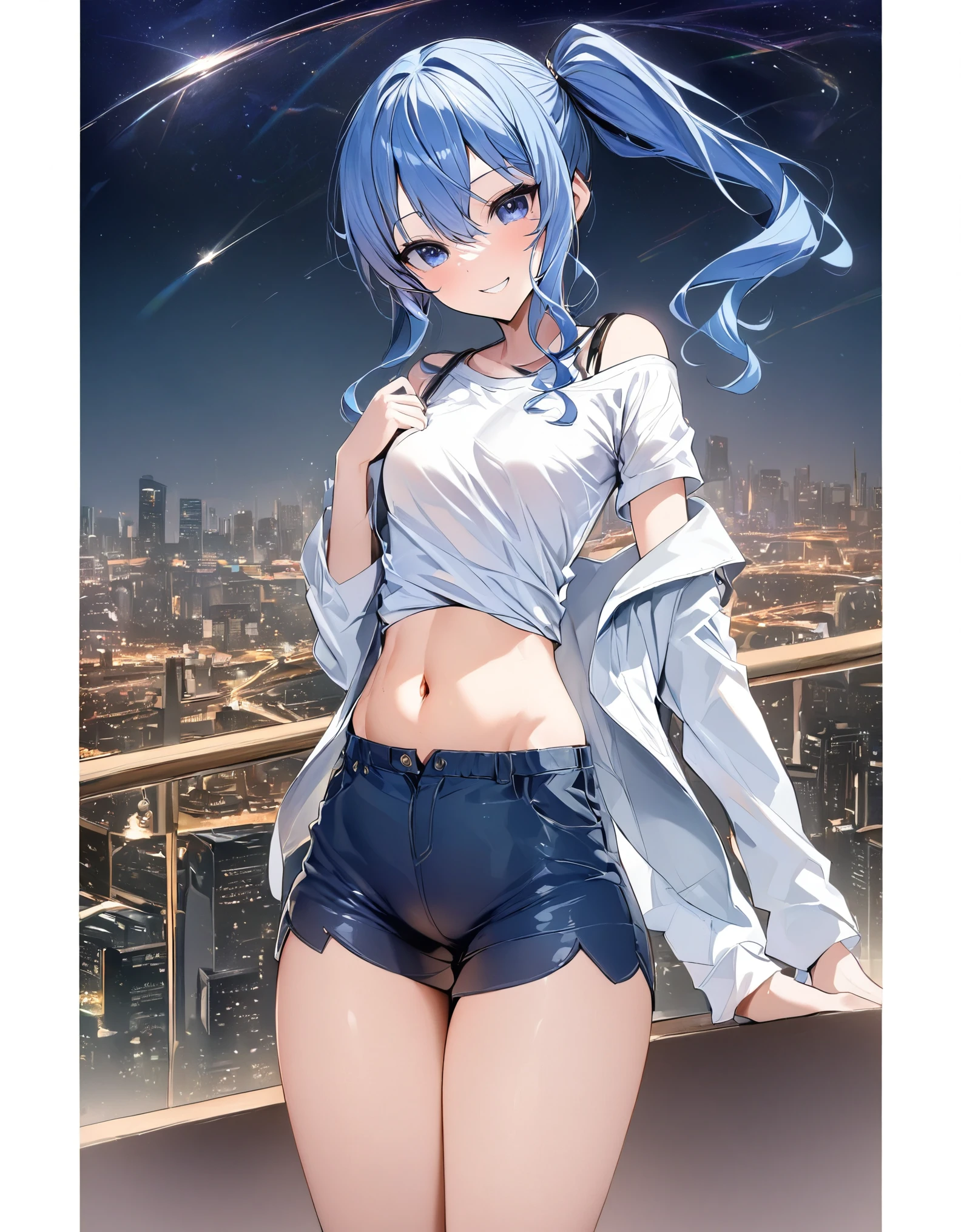 (8k、Best image quality、highest quality、masterpiece)、Detailed face、 1teen_girl、Blue Hair、Long Hair、sideponytail、dark_blue_eyes、smile,peek_navel,small_breasts:0.8,(White_T-shirt:1.3)、Off_shoulder、Black shoulder straps、(open_front_shorts,denim_short_shorts:1.2)、City Background, starry_sky_landscape ,hoshimachi suisei, (belly_button:1.2),nihil,solo,stargaze,girl_looking_up_sky,slender,solo,boots,abs, tight_waist, point_to_sky