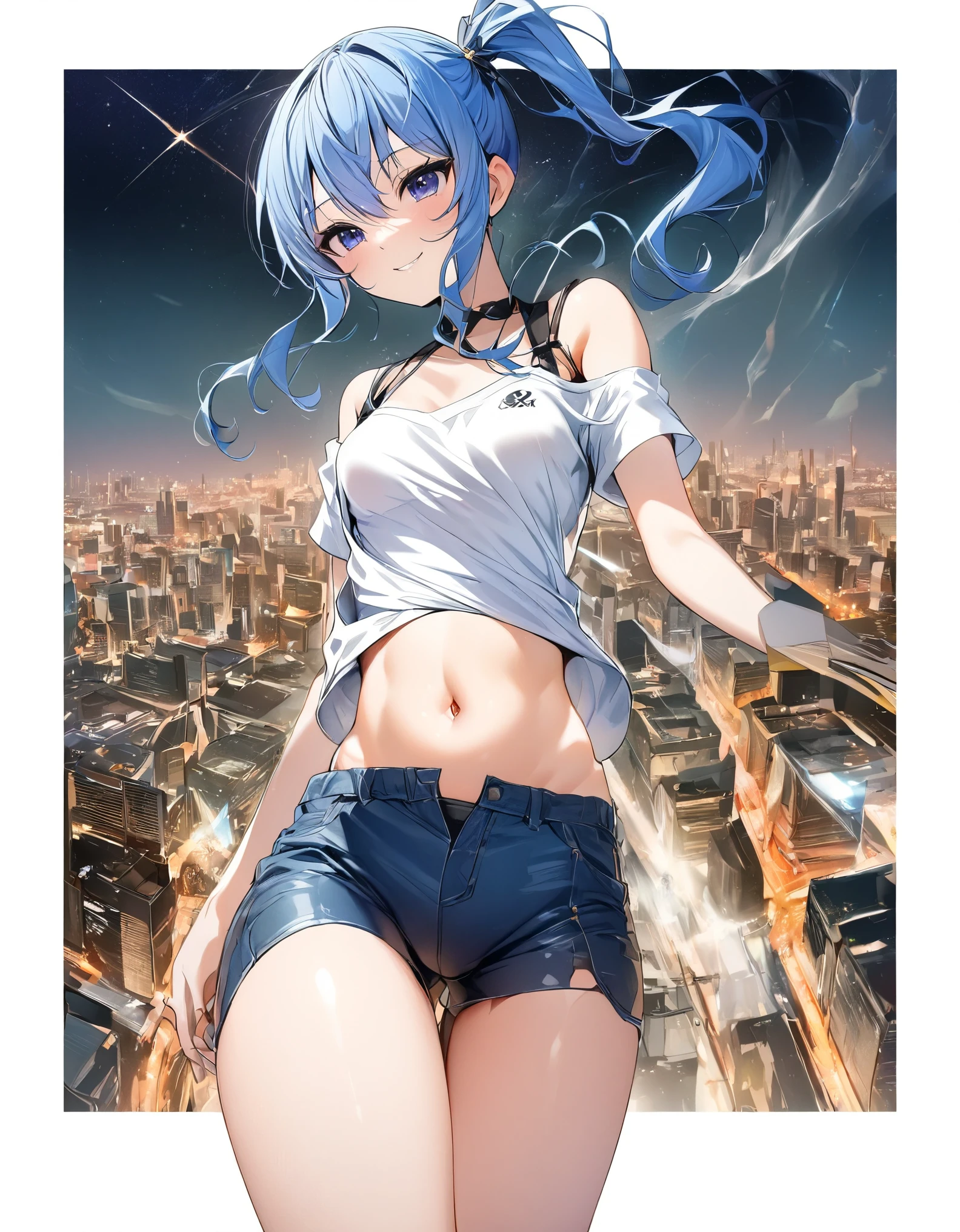 (8k、Best image quality、highest quality、masterpiece)、Detailed face、 1teen_girl、Blue Hair、Long Hair、sideponytail、dark_blue_eyes、smile,peek_navel,small_breasts:0.8,(White_T-shirt:1.3)、Off_shoulder、Black shoulder straps、(open_front_shorts,denim_short_shorts:1.2)、City Background, starry_sky_landscape ,hoshimachi suisei, (belly_button:1.2),nihil,solo,stargaze,girl_looking_up_sky,slender,solo,boots,abs, tight_waist, point_to_sky