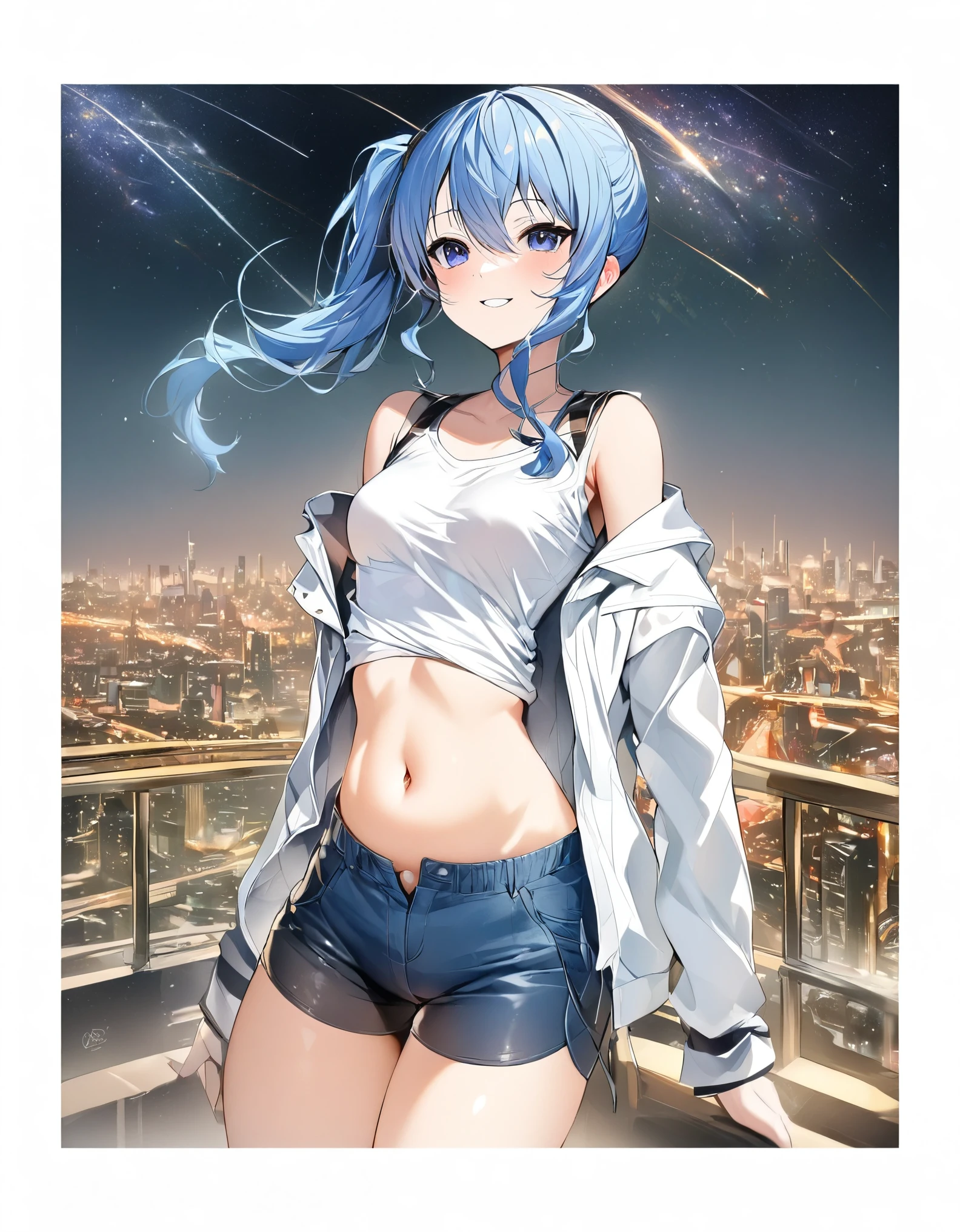 (8k、Best image quality、highest quality、masterpiece)、Detailed face、 1teen_girl、Blue Hair、Long Hair、sideponytail、dark_blue_eyes、smile,peek_navel,small_breasts:0.8,(White_T-shirt:1.3)、Off_shoulder、Black shoulder straps、(open_front_shorts,denim_short_shorts:1.2)、City Background, starry_sky_landscape ,hoshimachi suisei, (belly_button:1.2),nihil,solo,stargaze,girl_looking_up_sky,slender,solo,boots,abs, tight_waist, point_to_sky