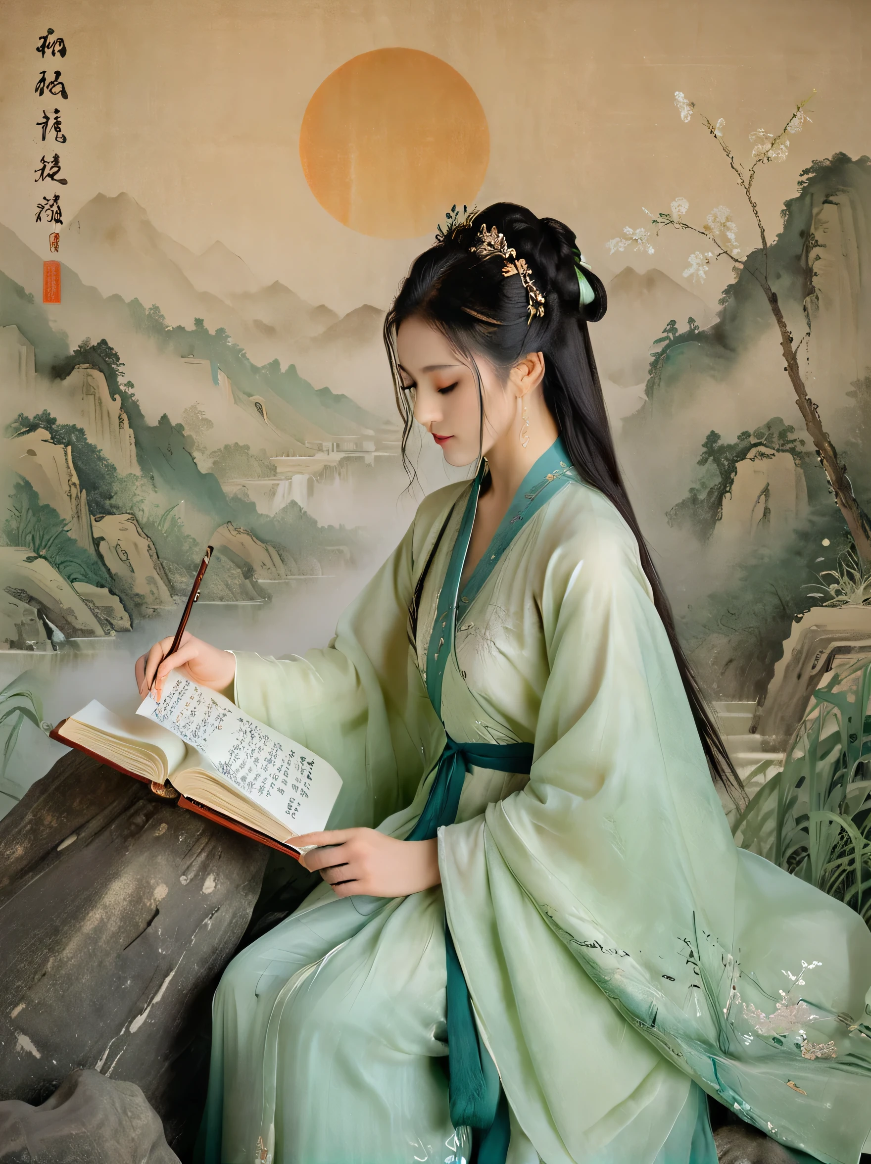 Dunhuang art style, Extremely long-distance lens, A beautiful girl, Perfect face, Pretty Face, Wearing traditional silk dress, Standing oncient soft scroll with golden ancient texts, Zen style, Bright Star, Light and Shadow, Ancient White, epic, Extremely delicate brushstrokes, Reality, Photographed by DJI, illustration, UHD, masterpiece, accurate, anatomically correct, textured skin, super detail, 8k.Create an image of a young woman in her early twenties, sitting gracefully beside a serene mountain stream, deeply engrossed in reading the poem "Shu Monk embraces Green Qi" by Du Fu. She has long, flowing hair that cascades down her shoulders, adorned with a delicate hairpin featuring motifs of bamboo and plum blossoms.

The young woman is wearing a flowing, light green hanfu that billows gently in the breeze, reflecting the tranquil tones of nature around her. The fabric is intricately embroidered with patterns of mountains and water, echoing the themes of the poem.

Her posture is relaxed yet poised, with her legs crossed beneath her as she sits on a smooth rock. She holds the poem delicately in her hands, her expression a mix of contemplation and appreciation, with a soft, serene smile gracing her lips, embodying the peace inspired by the reading.

The scene around her is filled with lush greenery and distant, misty mountains, while the sound of flowing water adds to the tranquil ambiance. The sky is painted in soft pastels as the sun begins to set, casting a warm glow around her, capturing the essence of the poetic moment and the beauty of nature intertwined with literature.

Rege