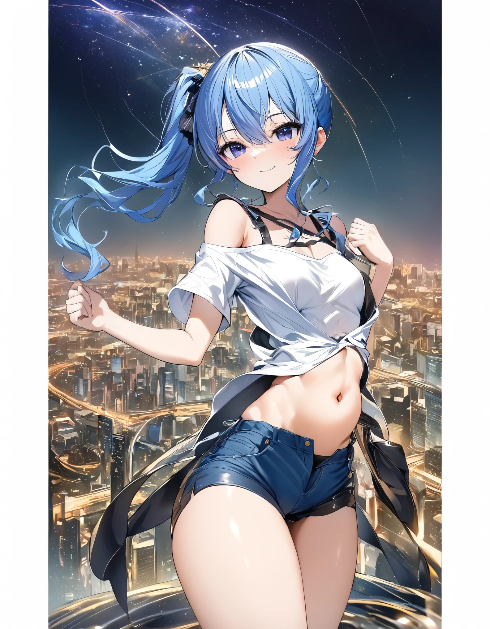 (8k、Best image quality、highest quality、masterpiece)、Detailed face、 1teen_girl、Blue Hair、Long Hair、sideponytail、dark_blue_eyes、smile,peek_navel,small_breasts:0.8,(White_T-shirt:1.3)、Off_shoulder、Black shoulder straps、(open_front_shorts,denim_short_shorts:1.2)、City Background, starry_sky_landscape ,hoshimachi suisei, (belly_button:1.2),nihil,solo,stargaze,girl_looking_up_sky,slender,solo,boots,abs, tight_waist, point_to_sky