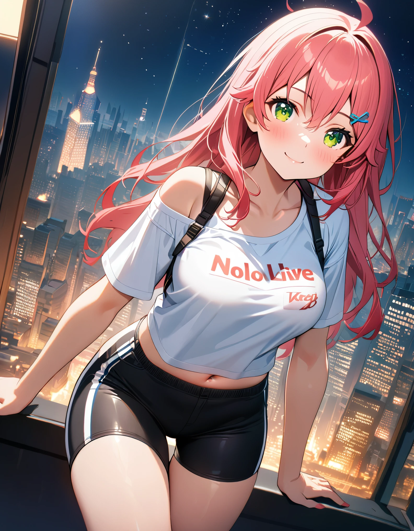 (8k、Best image quality、highest quality、masterpiece)、Detailed face、 1teen_girl、pink Hair、Long Hair、green_eyes、smile,(navel_peek)、(large_breasts),(White_short_T-shirt:1.5)、Off the shoulder、Black shoulder straps、(short_bike_shorts)、City Background, starry_sky_landscape ,sakura_miko,hololive,(covered_nipples:0.5),solo,stargaze,girl_looking_up_sky,sneaker,