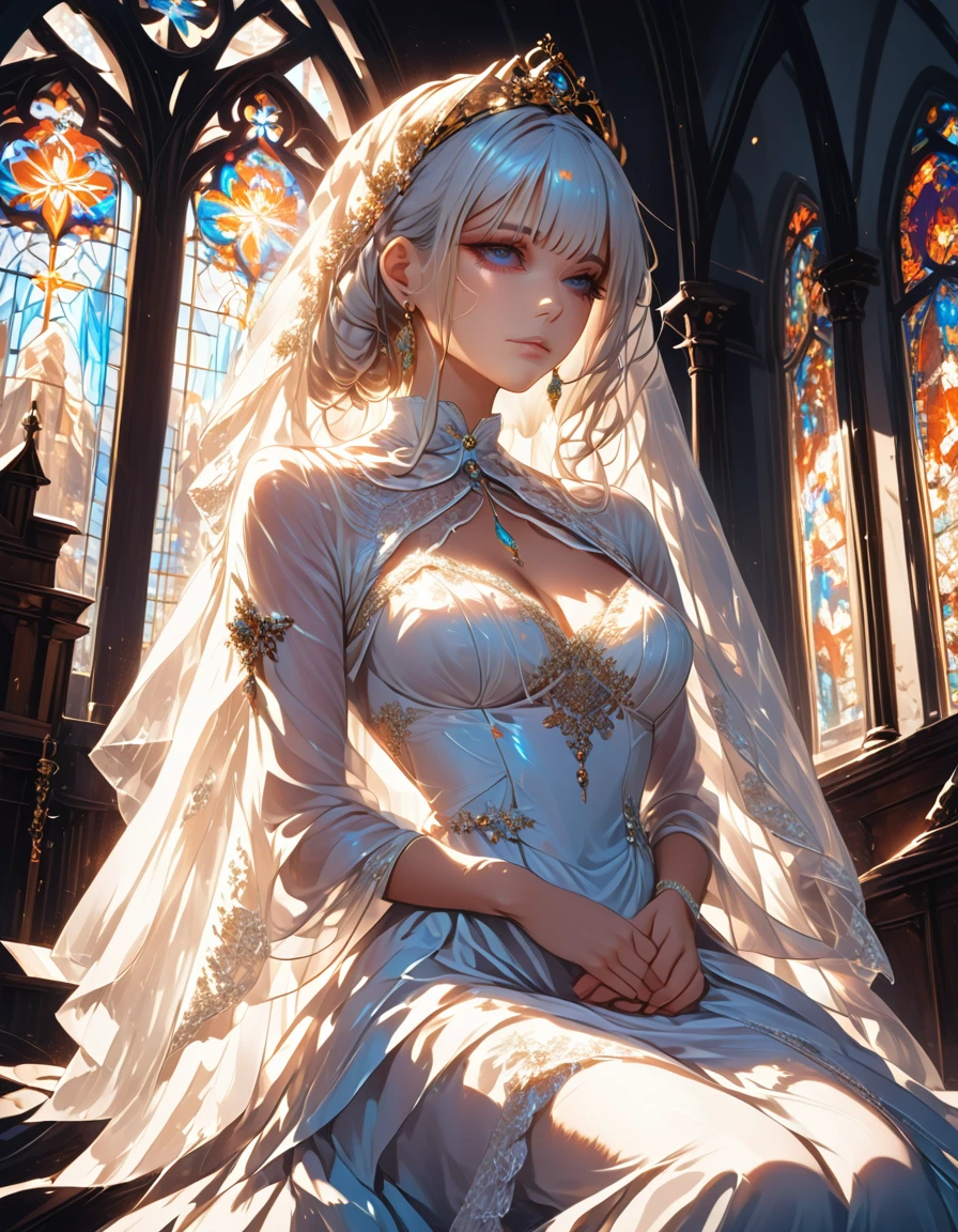 a picture of a bride siting alone near the altar after her groom left her, she is wearing a bride's white dress, intricate dress, high heels, church's altar background, the church is empty, sunset sunrays coming through the stained glass windows, a sense of loss, sad atmosphere, a sad breakup,  Ultra-high resolution, High Contrast, (masterpiece:1.5), highest quality, Best aesthetics), best details, best quality, highres, 16k, (ultra detailed: 1.5), masterpiece, best quality, (extremely detailed) RAW, (ultra details, Masterpiece, best quality), Hyperrealism style, mythp0rt