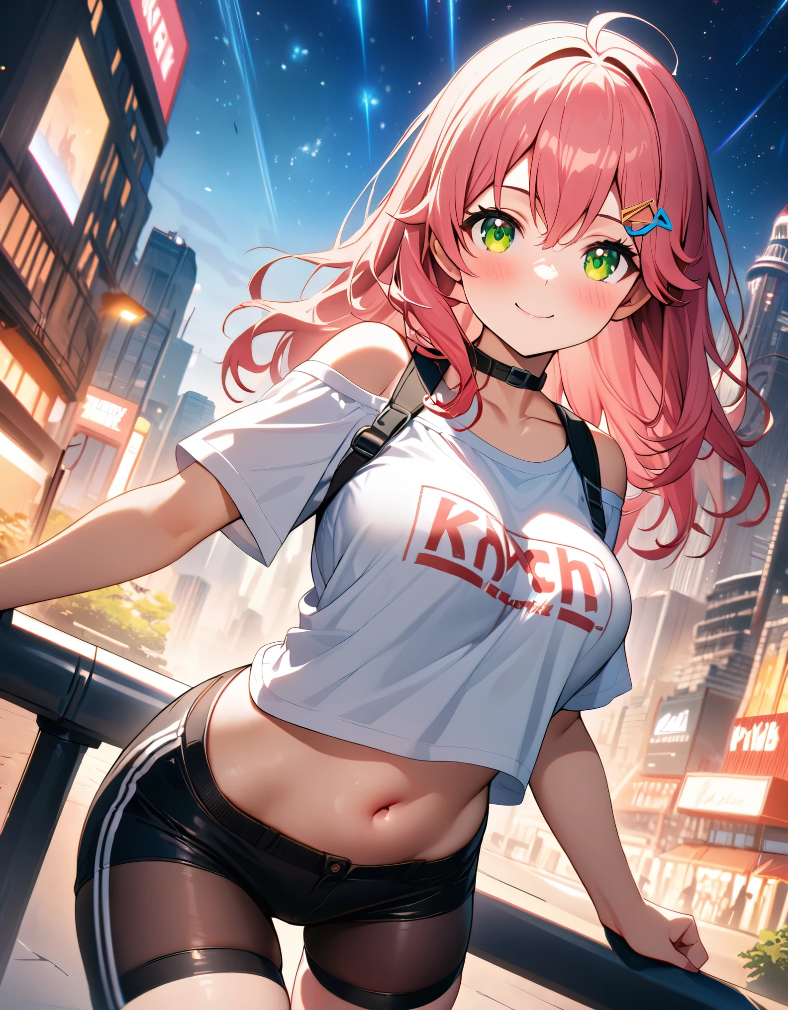 (8k、Best image quality、highest quality、masterpiece)、Detailed face、 1teen_girl、pink Hair、Long Hair、green_eyes、smile,(navel_peek)、(large_breasts),(White_short_T-shirt:1.5)、Off the shoulder、Black shoulder straps、(short_bike_shorts)、City Background, starry_sky_landscape ,sakura_miko,ho****ve,(covered_nipples:0.5),solo,stargaze,girl_looking_up_sky,sneaker,