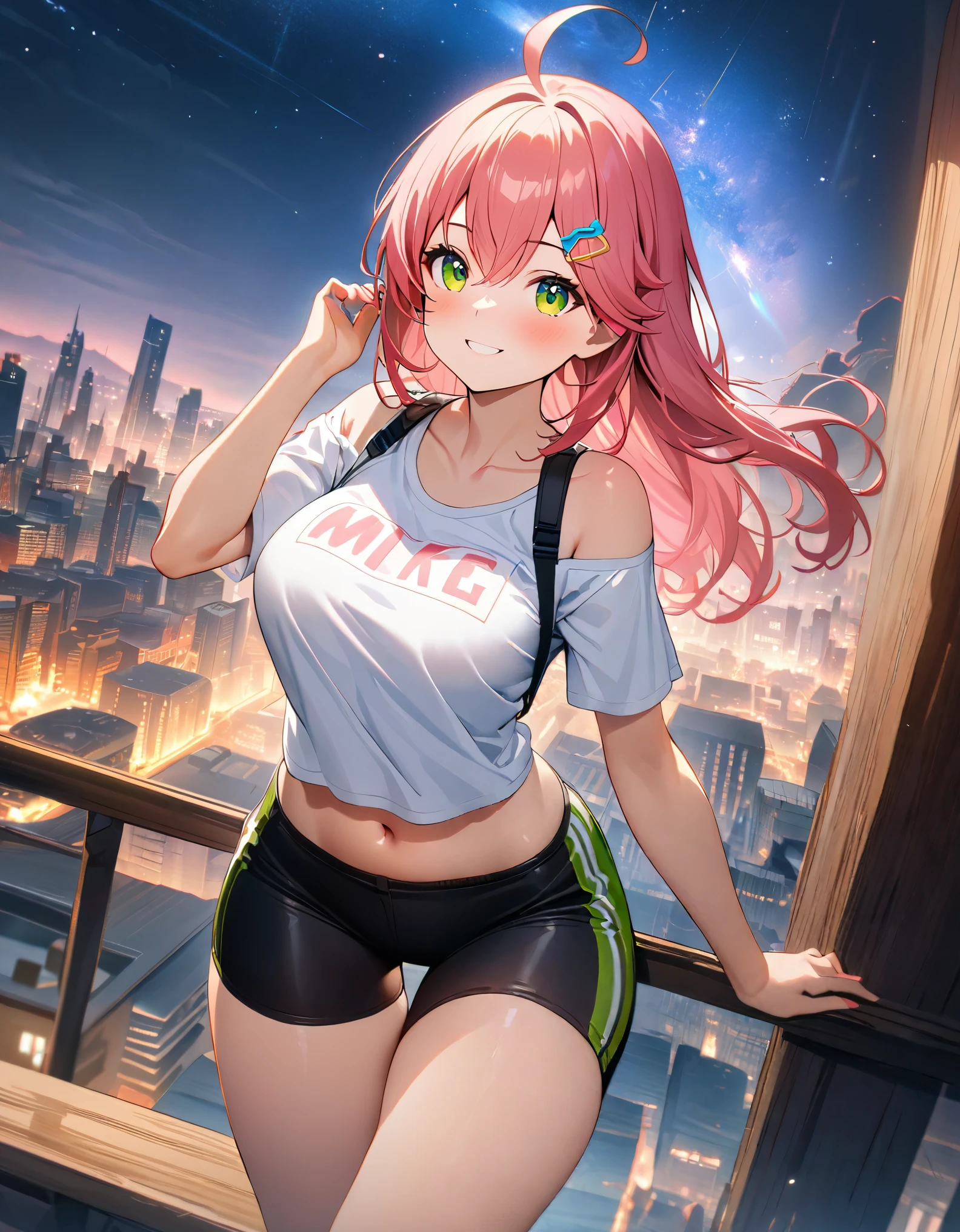 (8k、Best image quality、highest quality、masterpiece)、Detailed face、 1teen_girl、pink Hair、Long Hair、green_eyes、smile,(navel_peek)、(large_breasts),(White_short_T-shirt:1.5)、Off the shoulder、Black shoulder straps、(short_bike_shorts)、City Background, starry_sky_landscape ,sakura_miko,ho****ve,(covered_nipples:0.5),solo,stargaze,girl_looking_up_sky,sneaker,