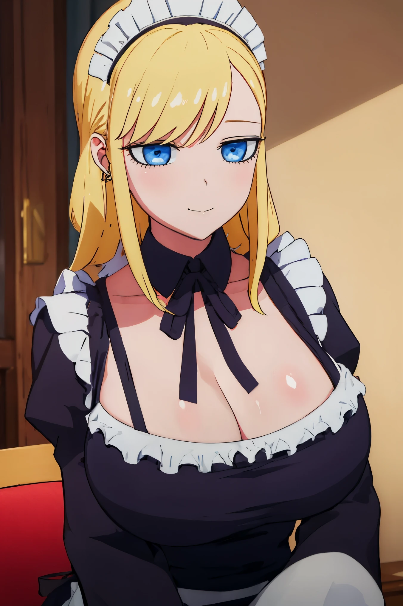 ((big tits )), ((black maid uniform)), sgoulderless maid uniform, cleavage, smile, blue eyes,  blonde hair, best quality, (masterpiece:1.2), indoor, cafe, room, looking at viewer, closed mouth, emotionless,  upperbody