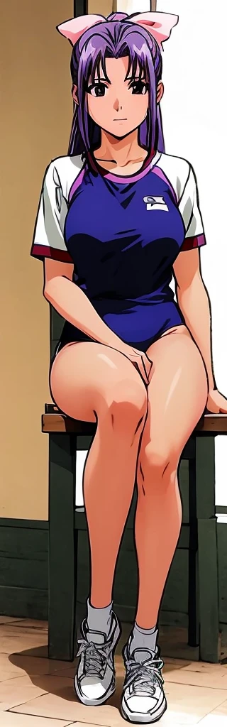 Momoko Koigakubo, wearing gym clothes with beautiful legs, is sitting on a chair with her legs spread wide and smiling.。High image quality。