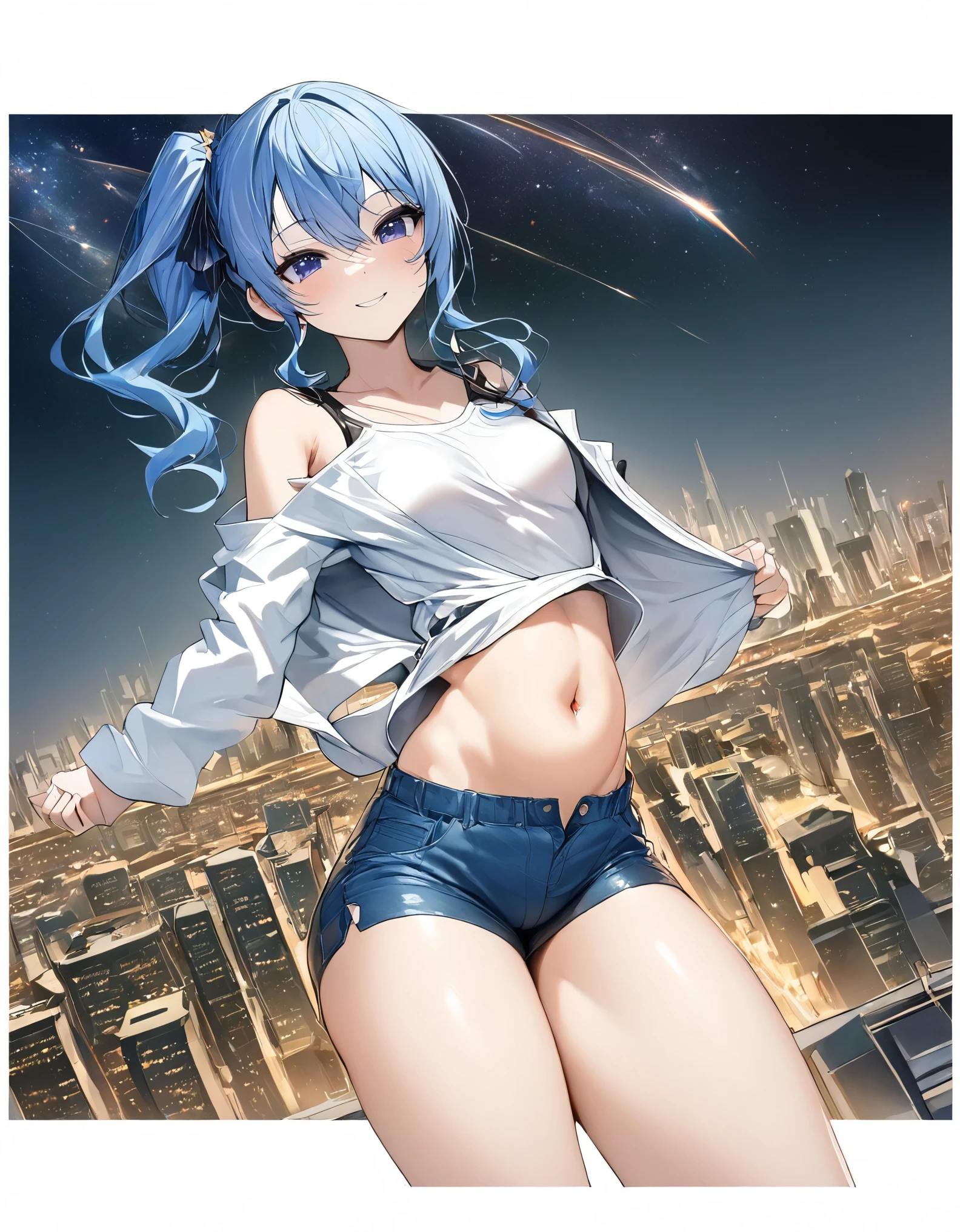 (8k、Best image quality、highest quality、masterpiece)、Detailed face、 1teen_girl、Blue Hair、Long Hair、sideponytail、dark_blue_eyes、smile,peek_navel,small_breasts:0.8,(White_T-shirt:1.3)、Off_shoulder、Black shoulder straps、(open_front_shorts,denim_short_shorts:1.2)、City Background, starry_sky_landscape ,hoshimachi suisei, (belly_button:1.2),nihil,solo,stargaze,girl_looking_up_sky,slender,solo,boots,abs, tight_waist, point_to_sky,slender_thighs,knees