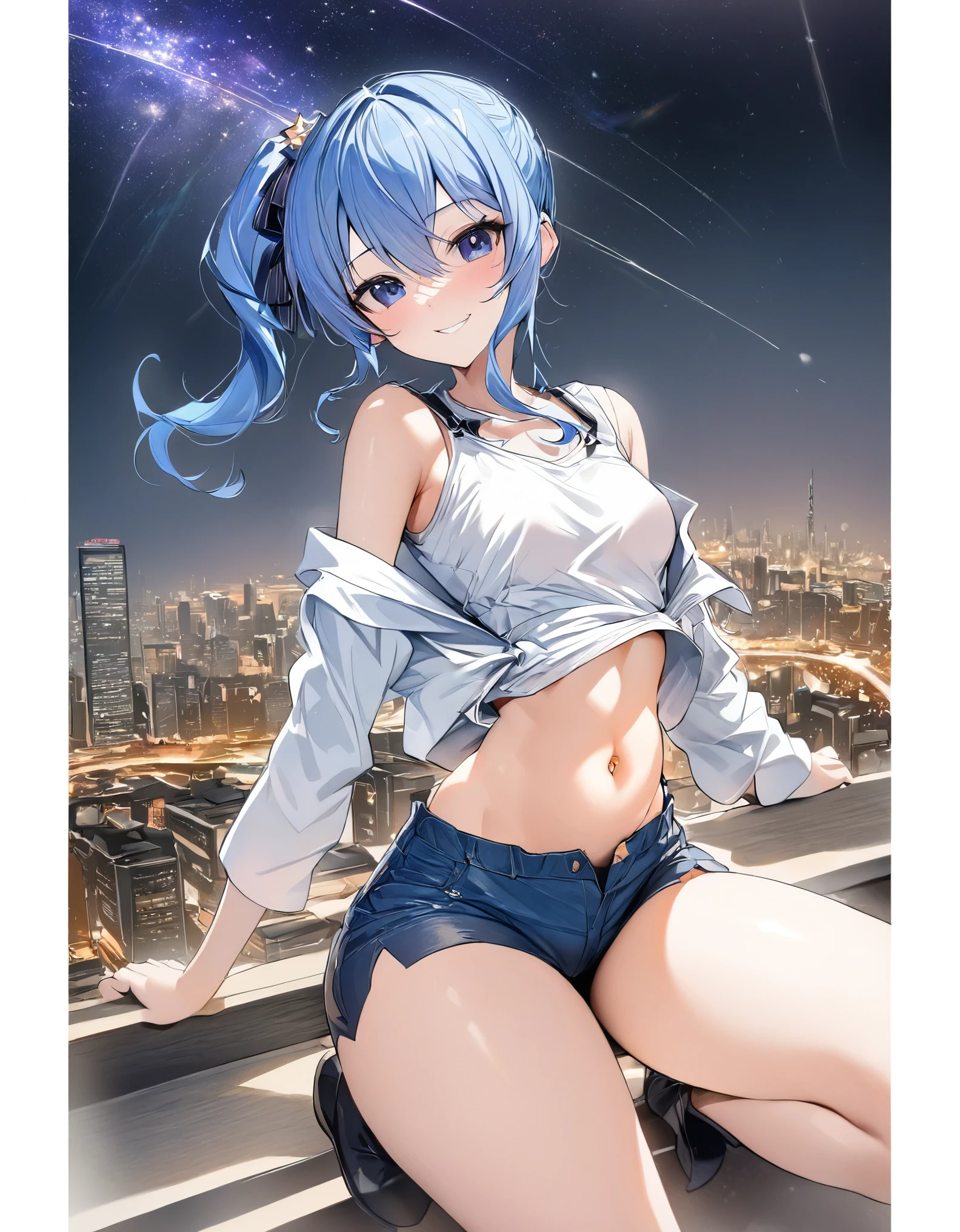 (8k、Best image quality、highest quality、masterpiece)、Detailed face、 1teen_girl、Blue Hair、Long Hair、sideponytail、dark_blue_eyes、smile,peek_navel,small_breasts:0.8,(White_T-shirt:1.3)、Off_shoulder、Black shoulder straps、(open_front_shorts,denim_short_shorts:1.2)、City Background, starry_sky_landscape ,hoshimachi suisei, (belly_button:1.2),nihil,solo,stargaze,girl_looking_up_sky,slender,solo,boots,abs, tight_waist, point_to_sky,slender_thighs,knees