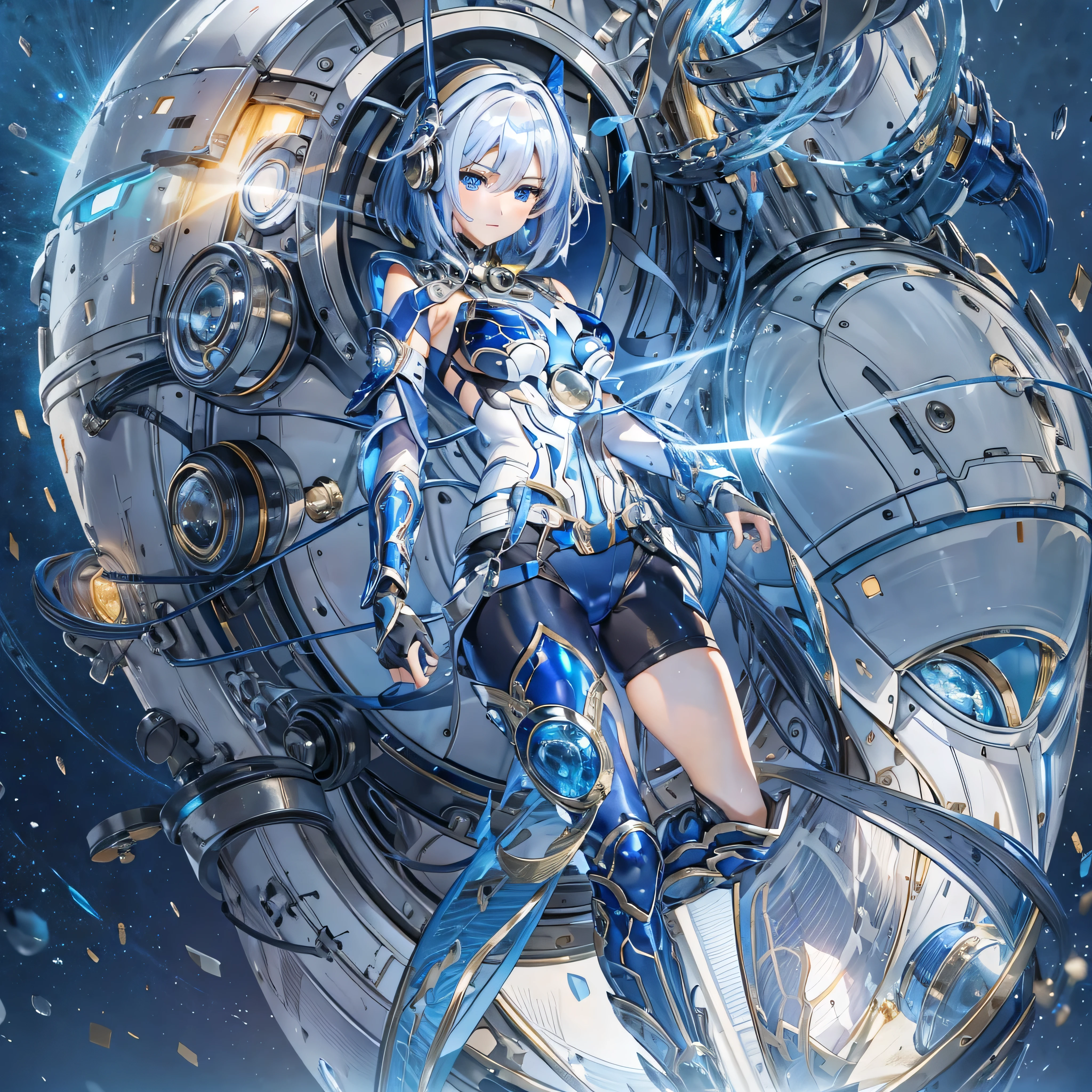 (masterpiece、highest quality、highest resolution、clear_image、detailed details、Angle from above): (full body figure、One 20 year old girl、Japanese faces、small face、Slender、Navy blue super short bob cut hair、(hidden small breasts:1.3)、sparkling blue eyes、Shiny pilot suit in blue and black colors、armor that protects the chest、tight fitting clothes、clothes that cover the whole body、shiny clothes、tight fit pants、hide the skin、very delicate and beautiful、detailed skin、hide thighs、hide your butt、cute type、gentle smile、soft expression、heroine、headset、Knee-high boots、gloves up to the elbow、eye level shot、facing directly、woman on a spaceship)