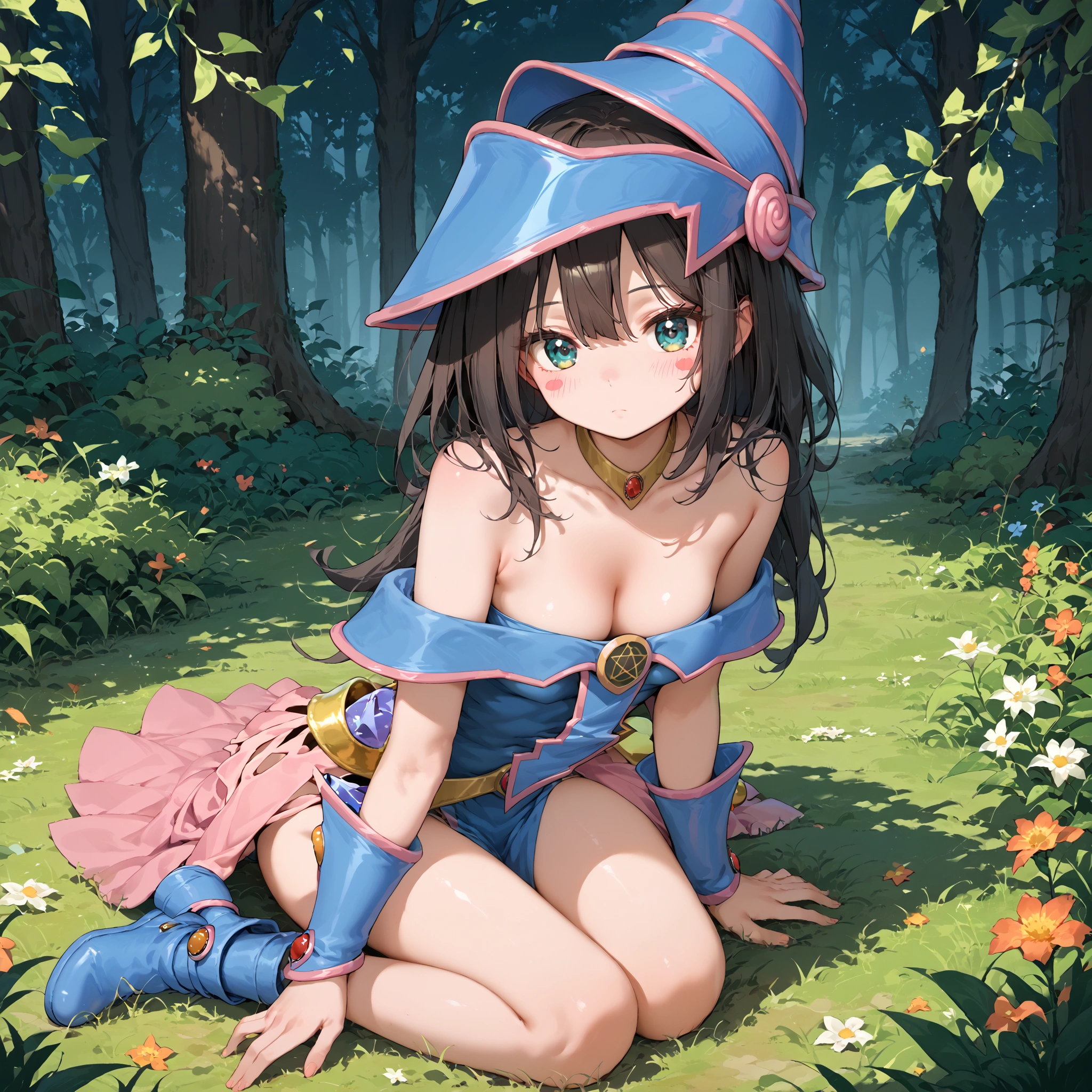 score_9, score_8_up, score_7_up, source_anime,1girl, dark magician girl cosplay, dark magician girl (cosplay), bare shoulders, blue footwear, blush, blush stickers, cleavage, collarbone, duel monster, hat, off shoulder, pentacle, wizard hat,outdoor,small breasts