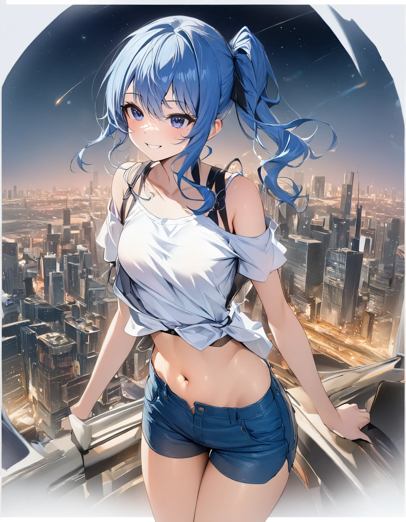 (8k、Best image quality、highest quality、masterpiece)、Detailed face、 1teen_girl、Blue Hair、Long Hair、sideponytail、dark_blue_eyes、smile,(peek_navel:0.7),(small_breasts:0.8),(White_T-shirt:1.3)、Off_shoulder、Black shoulder straps、(open_front_shorts,denim_short_shorts:1.2)、City Background, starry_sky_landscape ,hoshimachi suisei, (belly_button:1.2),nihil,solo,stargaze,girl_looking_up_sky,slender,solo,boots,abs, tight_waist, point_to_sky,slender_thighs,knees